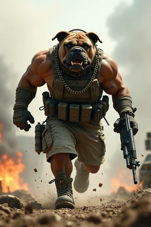A muscular, shirtless, humanoid pitbull covered in scars on his torso, wearing ripped pants with a furious face, riding a Stryker APC with the writing clearly visible. "WM4" in front of a depraved war scene full of slaughtered dog soldiers