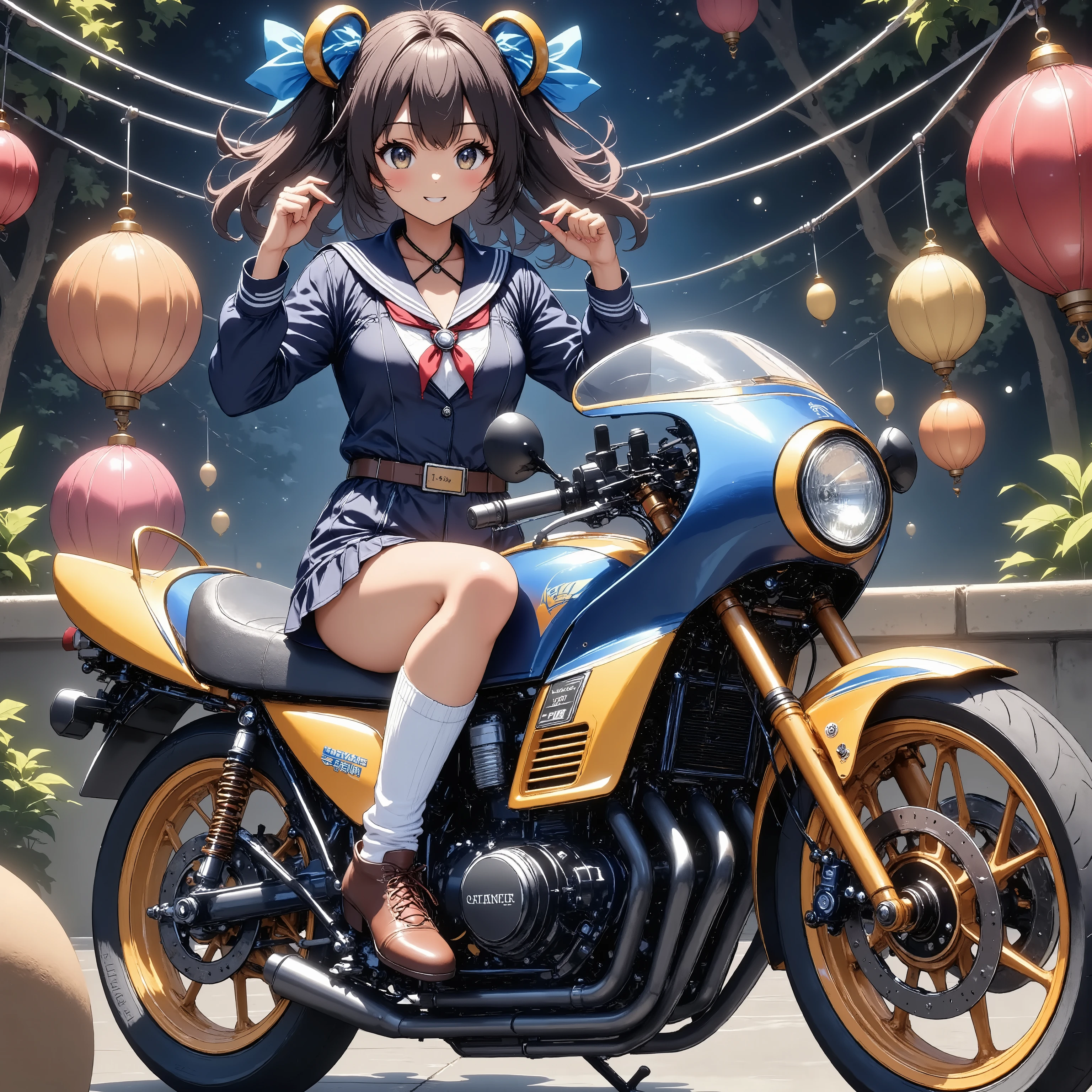 ONE HIGH SCHOOL GIRL RIDING A MOTORCYCLE 　+ CAFE RACER TUNED HONDA CBX400F　+ glossy brown skin + sailor suit　+ loose socks　+ rocket cowl 　、 top quality,  