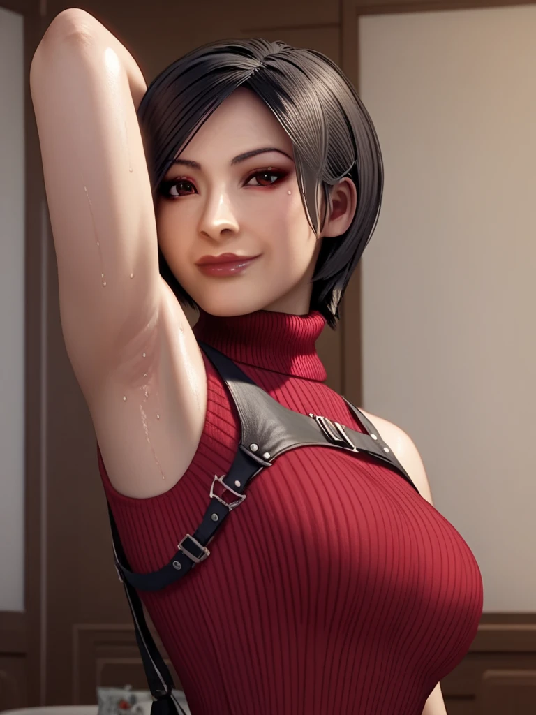 score_9, score_8_up, score_7_up, source_anime, anime screencap, 1girl, solo, Ada wong, red eyes, black hair, red sweater, sleeveless sweater, turtleneck sweater, ribbed sweater, arm up, raised arm, armpit, from side, looking at viewer, head towards viewer, smile, closed mouth, badhandv4, indoors , detailed armpits, sweaty armpits