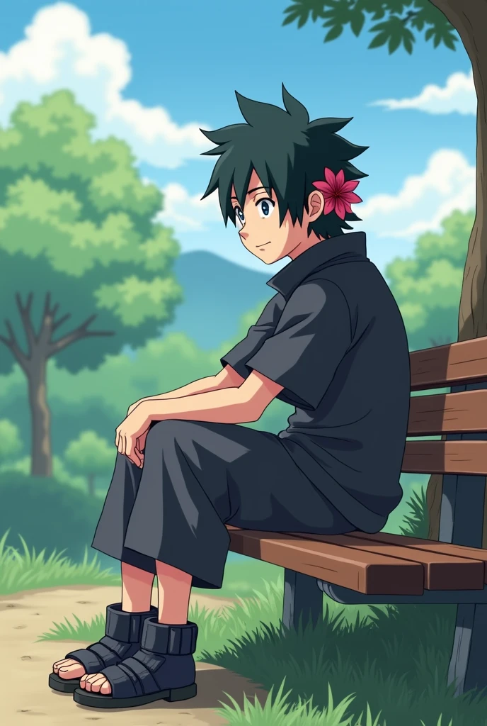 a cartoon image of a man sitting on a bench with a flower in his hair, an anime drawing inspired by Kanō Hōgai, pixiv, sots art, pain from naruto, joker as naruto, itatchi uchiha, joker looks like naruto, itachi uchiha, akatsuki akira, itachi, madara uchiha, from naruto