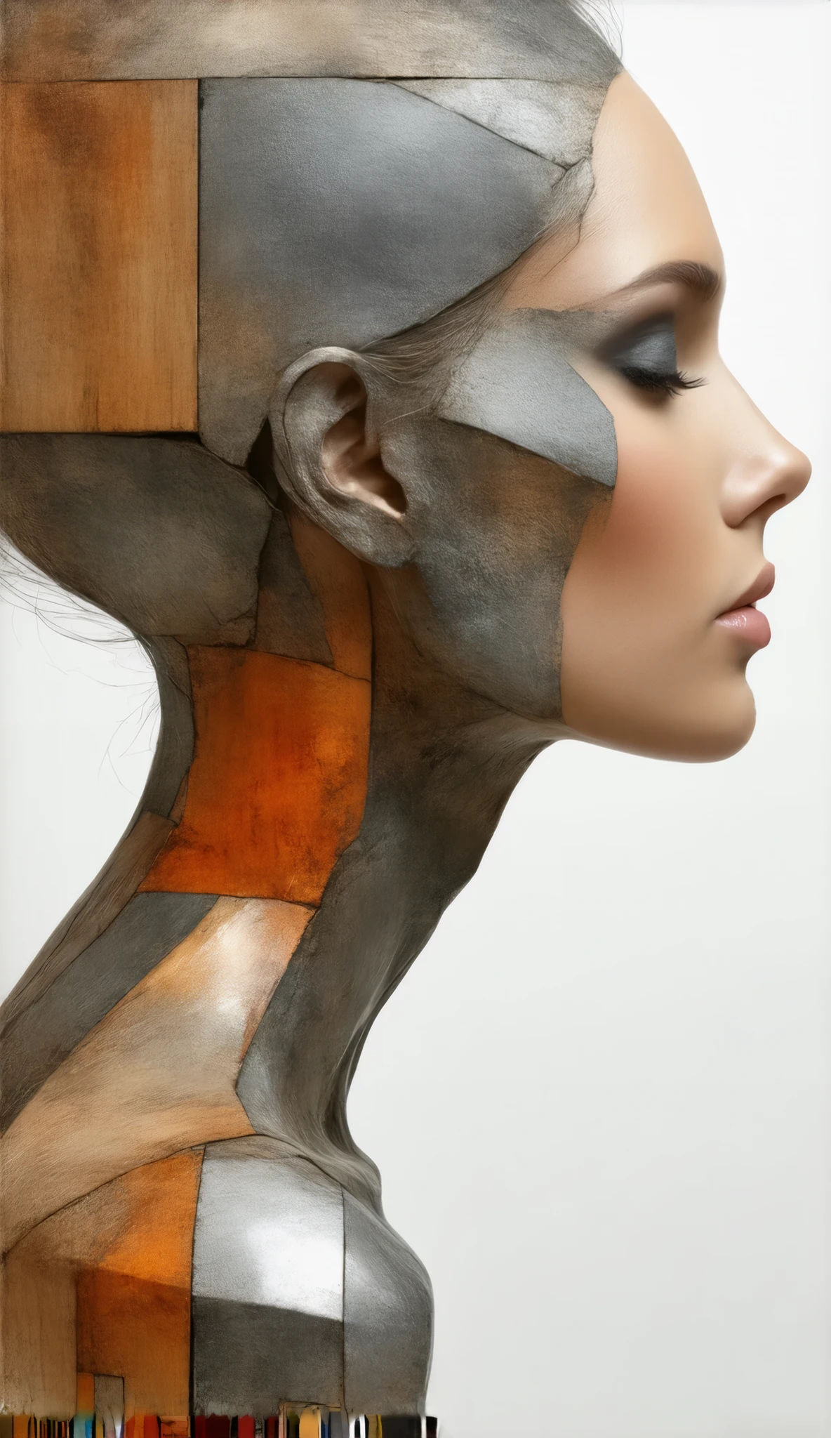 A mannequin with colorful layers of 3d plastic on a white background