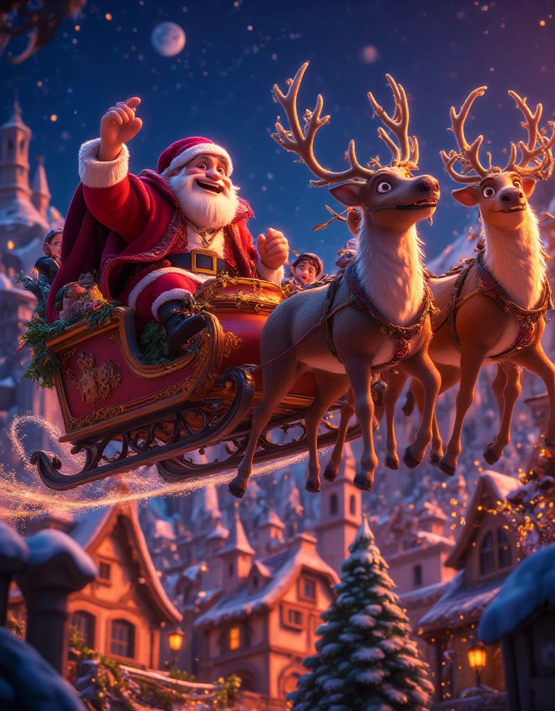 highly detailed, dynamic, cinematic, stunning, realistic lighting and shadows, vivid, vibrant, octane rendering, Unreal Engine, highly detailed, concept art, realistic, cry engine, (dramatic, grainy, intense: 1.4), highest quality, 32k uhd, incredibly detailed, intricately detailed, ultra detailed, ultra high quality, high detail, ultra detailed, masterpiece, A magical 3D Disney-style animation scene of (huge muscular Santa Claus) riding his sleigh, pulled by eight majestic reindeer, soaring high across a starry Christmas Eve sky. huge muscular Santa, dressed in his classic red suit and hat, waves cheerfully as he prepares to deliver presents to ren around the world. The sleigh sparkles with golden magic dust trailing behind, adding a whimsical glow to the scene. Below, a picturesque town is beautifully decorated with festive Christmas lights, with rooftops and trees shimmering in warm colors. The streets are bustling with tiny glowing details of families celebrating indoors. The night sky is deep blue, dotted with twinkling stars and the soft glow of a crescent moon, creating a sense of wonder and warmth. The style is vibrant and colorful, capturing the charm and magic of a Disney animated holiday story.