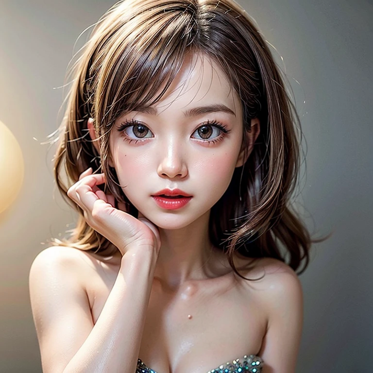 (Extremely Detailed ((Personification as a 12yo KAWAII girl of  (" grace  Kelly "))) with Characteristics Items), High-level, 8K Masterpiece TopQuality Ultra-detailed CG, Absurd detailed wallpaper, PerfectLighting, aesthetic LifeLike Rendering, MysticSight, Haze Tyndall Scattering, (Studio GRAY Background with (Oodles Dazzling RainbowColorParticles (BokeH))), ((Assfocus) RoundlyButts ThighGap), (Exposed:0.5) 🔞 BREAK (Acutance:0.8), (NOGIZAKA FaceVariations) Extremely Detailed very KAWAII FaceVariations, Childish CaptivatingGaze Detailed Reflective Eyes with (SparklingHighlights:1.28), Detailed (Voluminous LongEyelashes:0.88)、Glossy RedLips with beautiful details, Kissable tongue, RosyCheeks, Radiant PearlSkin with Transparency, Glowing DowneyHair . { (Dynamic LifeLike expressions:1.4) | (:d) }, (large eyes:-1) .