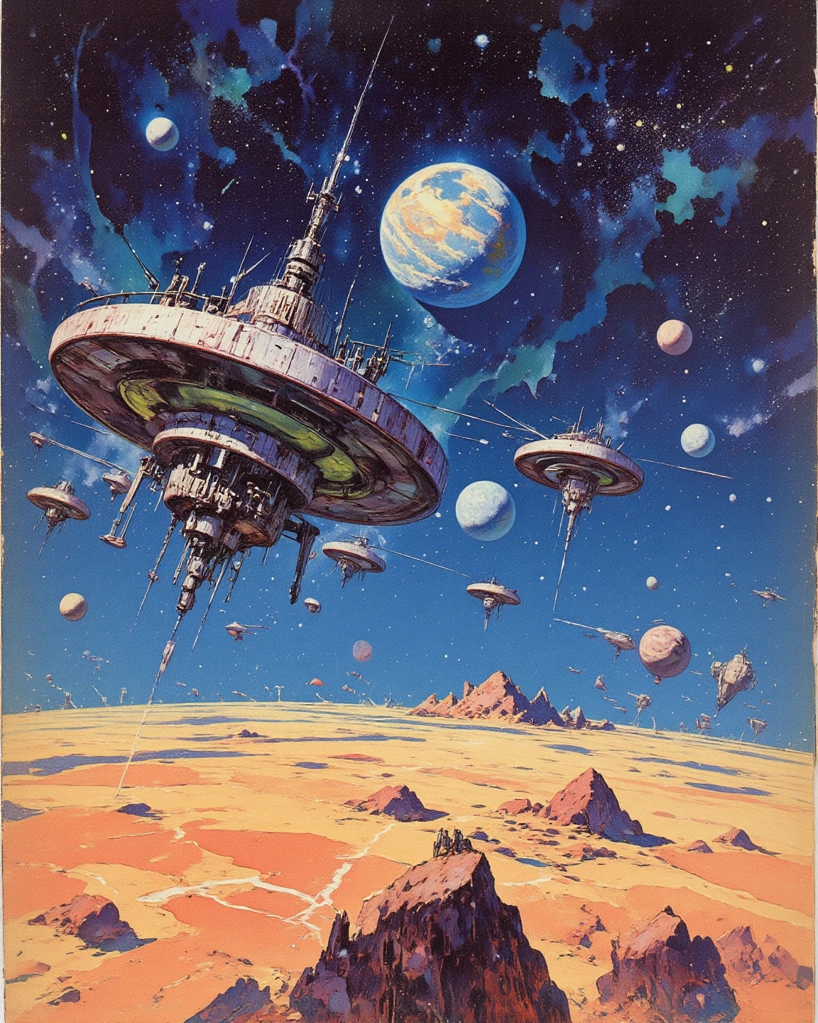 Space colony flying over a planet with universe in the background, 1980s retro sci - fi art, 
cyberpunk style inspired by Josan Gonzales, Planet Surreal, Iridescent Ink Flow In universe, by Peter Elson, in peter elson color scheme, roger dean art, in style by tim white art, 
in the style of rudolph-belarski, Comic book style