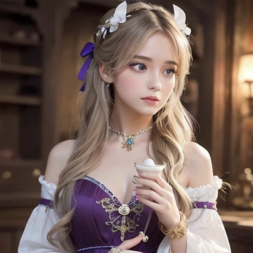  One Girl ,  long hair, Light Hair Color,  enchanting eyes,  Mysterious Expressions , Mature Appearance, Attractive dress,  Relaxed Dress, Graceful Jewels , Intricate decoration, Magic symbols, Glowing Accessories,  potion , Scroll, Cute accent, bow, ribbon, flower,