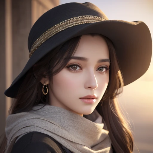  Long Haired Arabian Style Woman Wearing Hat and Scarf, Photorealistic Digital Art 4k,  realistic digital art 4k,  Soft Portrait Shot 8k, photo Realistic Art Style , photoRealistic beautiful face, Realistic portraits,  Beautiful Digital Artwork, Realistic beautiful face,  Realistic Art Style , 3D rendered character art 8k, Beautiful realistic face,  amazing photo-like graphics 