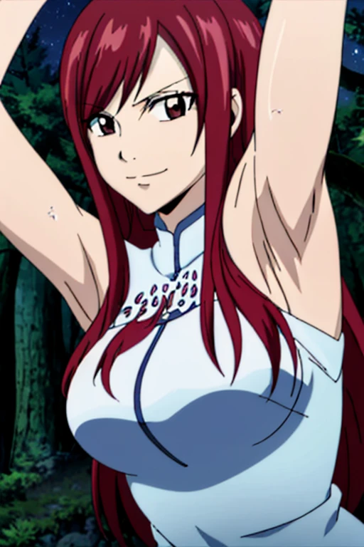 fairy tail, anime art style, 1girl, solo, smile, very long hair_hair, gloves, closed_eyes, orange_hair