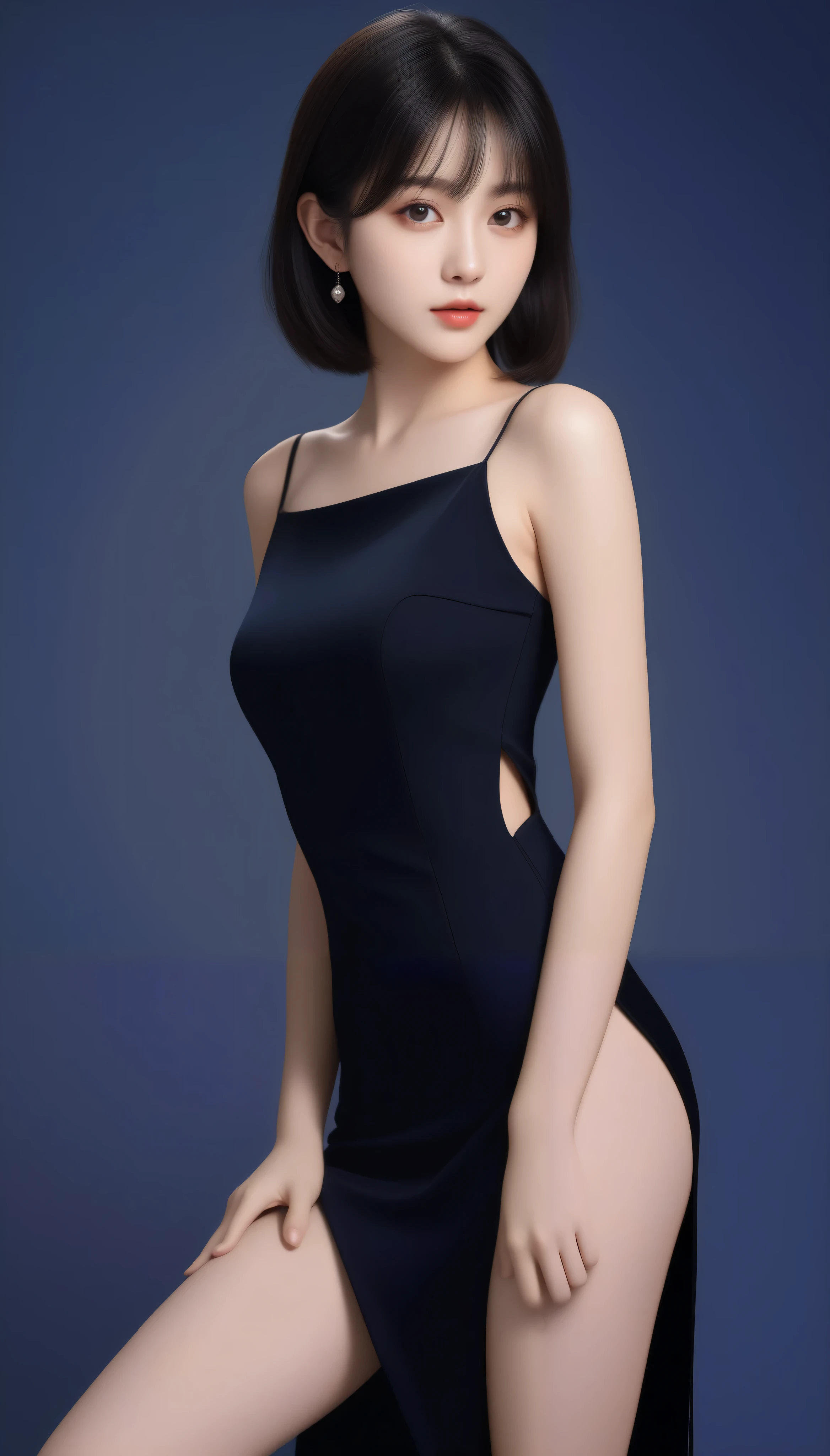 1 young and beautiful female college student, delicate and beautiful round face, pink lipstick, black smart eyes, shoulder-length loose long hair, black slim hip-length dress, slender and tall figure, delicate clavicle, elegant and noble, supple skin, blurred background , soft background light, step forward, front, facing forward,
