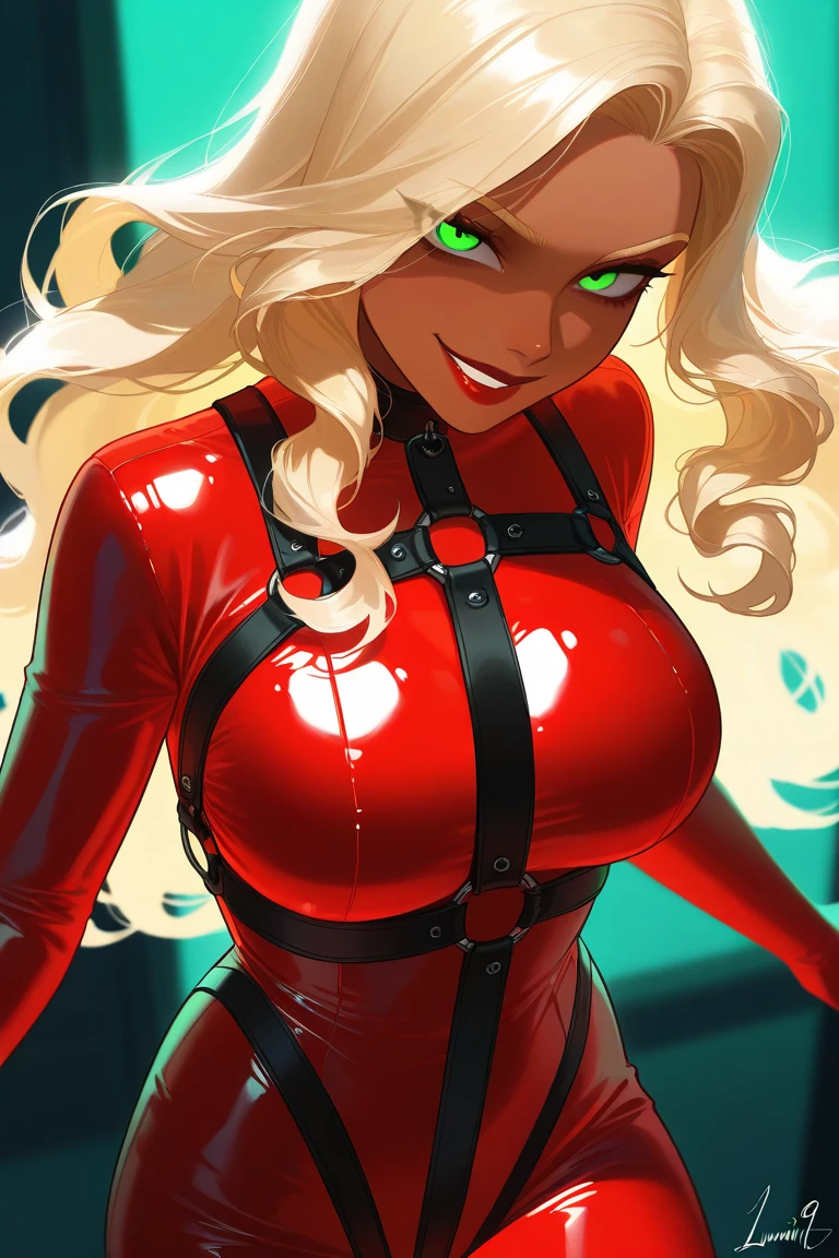 Latex girl lustful smirking smile red blush red cheeks, chain leash, kneeling, shackles, leather black collar slave,