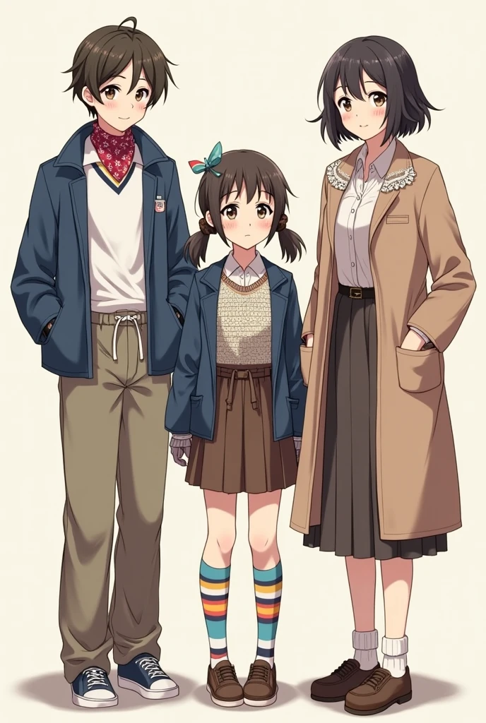 commemorative photo of 3 female middle school students
The on the right wears a pastel-colored sweater with lace around the collar, a dirndl skirt, and a long coat made of wool、 short bob girl wearing leather gloves and white socks
The in the middle is an energetic girl with braided twin tails wearing a patterned blouse, chinos skirt, and denim jacket 、 with a bow on her head and colorful socks
The on the left wears a white polo shirt, gaucho pants, and a stadium jacket 、An athletic club member who wears sneakers with a bandana around her neck and is slightly taller than the other two