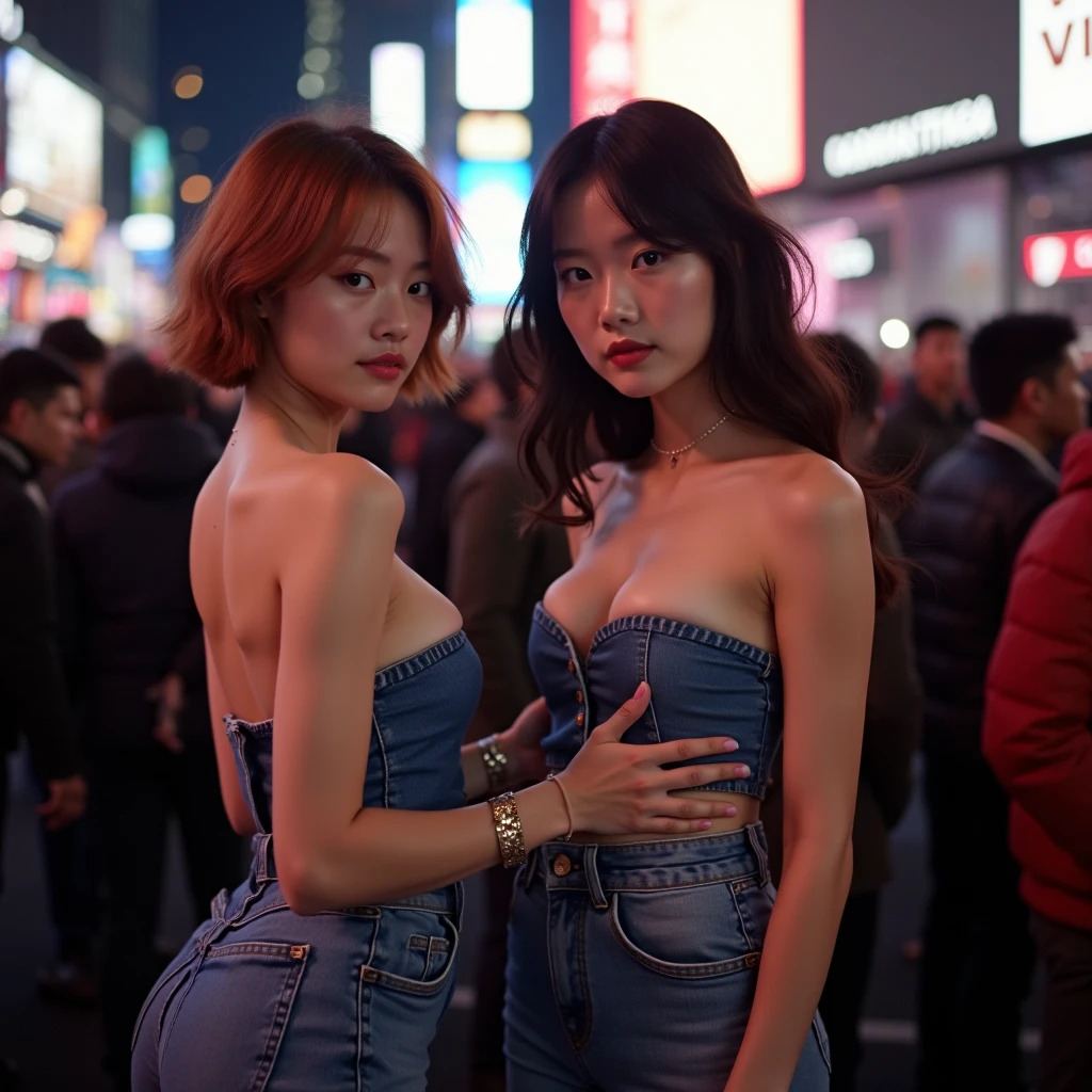 Pretty Korean idol girl wearing sexy clothes and captivating everyone in the city., cinematography, city spotlight, captivating, Sexy, Standing, as far as possible, Full-body photograph,