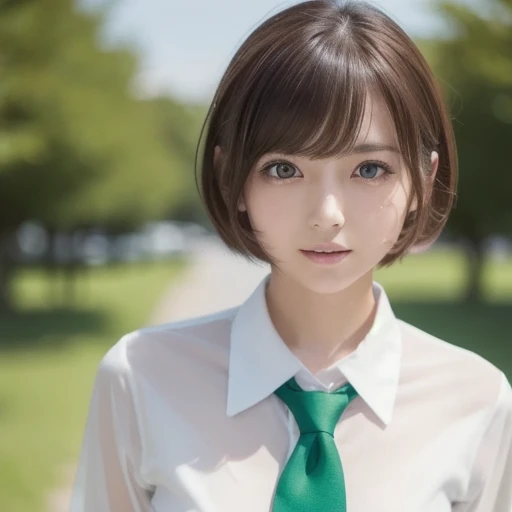 Masterpiece,  top quality,  top quality,  One Girl , Alone,  Watch Viewers , , Tezuka Rin, (Amputee without an arm:1.2),  brown hair,  color,  colored  shirt, (  double amputy  :1.2),  green eyes,  Katawa Shojo ,  red tie,  shirt,  shorthair , Alone, white  shirt,  Rozhkin, Green,  accurate teeth with gaps  