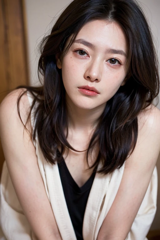  1 girl, alone,  long hair, japanese, androgynous, boyish, black hair, Droopy eyes, Eyebrows、sleepy face,  high definition , accurate,  Anatomically Correct ,  High Quality , Listless、 beautiful、