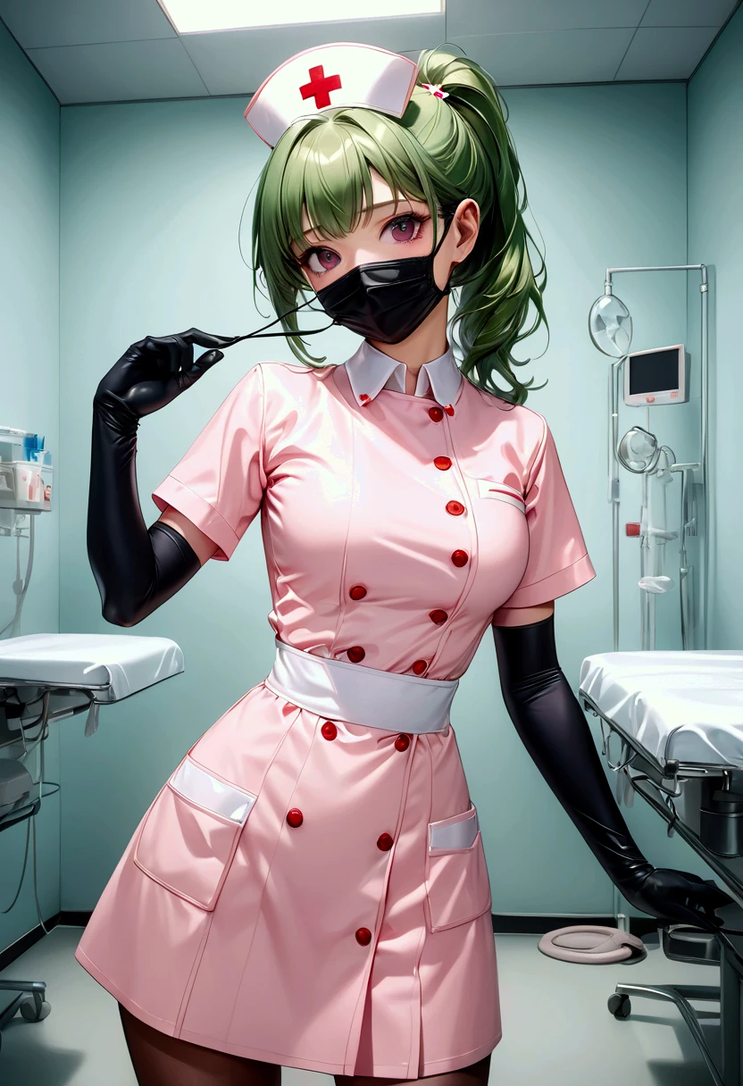  Nurse,  One Girl , Alone,  Nurse cap,  Nurse uniform, (( black legwear ,  absolute domain)),   black elbow gloves ,  Ponytail,  green hair, pink eye, ((Black surgical mask, Covered Nose)),  is standing, (( Operating Room)),  sharp outline ,   short sleeve ,  top quality, Masterpiece、 2.5D, AI generated,bondage outfit,