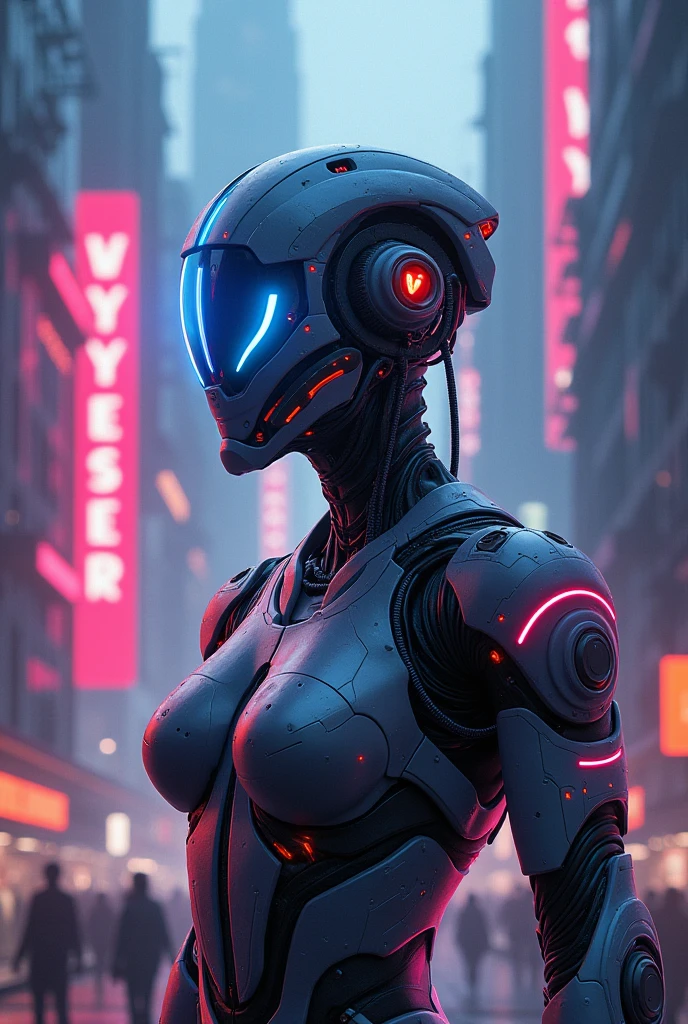 /imagine prompt: "A detailed illustration of a futuristic robot or android in a cyberpunk style. The robot should have intricate mechanical features and a sleek design, adorned with neon accents and glowing tech elements. The background should be a neon-lit urban landscape with vibrant colors, including pinks, blues, and purples, to enhance the cyberpunk aesthetic. The overall mood should be both high-tech and gritty, capturing the essence of a dystopian future." 16 bit version