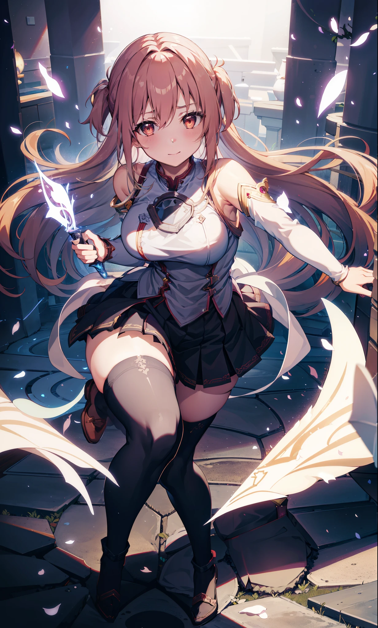 //Character 1girl, sacred fighter, cheerful girl who has supernatural power , slim and soft, medium large breast, ultra detailed face, super cute, innocent, round face, thin eyeblow, sparkly pupils, translucent skin, smiling full of compassion, extra long hair, blonde hair, silver side colors, multi color hair,  shaggy bangs, nape undercut, with tying  side upstyle, 
BREAK 
//Fashion 
Her outfit is styled with images of sacred fighter,  gladiator outfit, 
(it consists full body cloth suit:1.6),  (gladiator thongs with metal studs:1.5), leather boxing boots, (hard leather groin protector:1.4), (protector to protect temple and jaw especialy:1.6), 
Each piece of protector has a beautiful sparkly jwelry attached to it, 
 BREAK
//LOCATION
ancient battle arena
BREAK
// behavior
chest up shot, 
dynamic pose, dynamic angle,
smashing the opponents with right hand, 
The fighter's right fist explodes as it connects with her opponent's face. Lightning crackles around her arm, creating a blinding flash of light