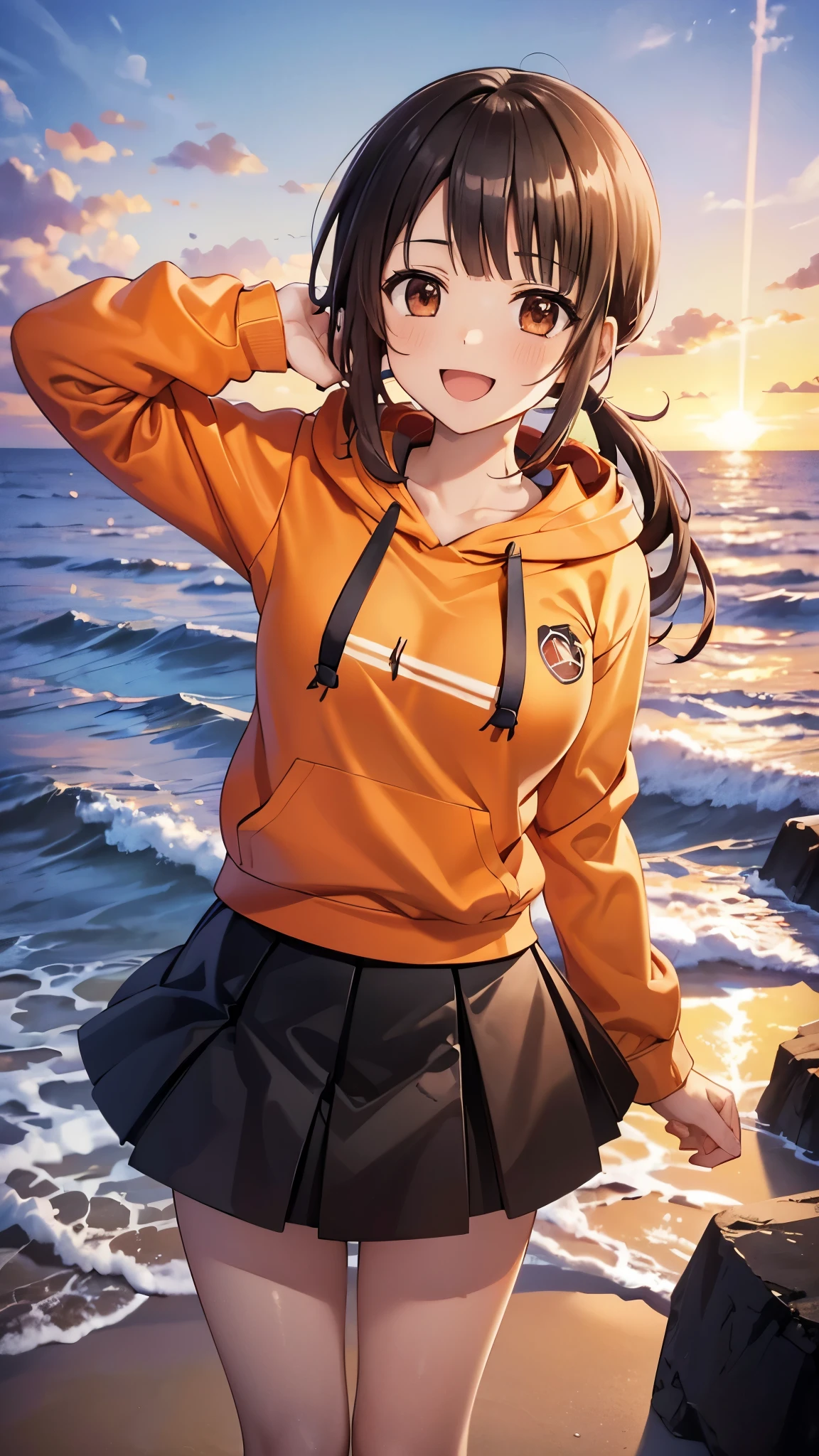 (top quality, greatest masterpiece),okitasawa,low twintale ,(orange hoodie:1.3),white frill in black skirt,black thigh-high socks, brack coat, anatomically correct body , looking at the camera, very detailed facial features, beautiful and perfect face,(:d:1.3),Sunset sky,Evening summer and winter seashore,((over head shot:1.3)),sea, sandy beach, looking at the camera, Front Angle,The setting sun,red cheek:1.3,red Scarf