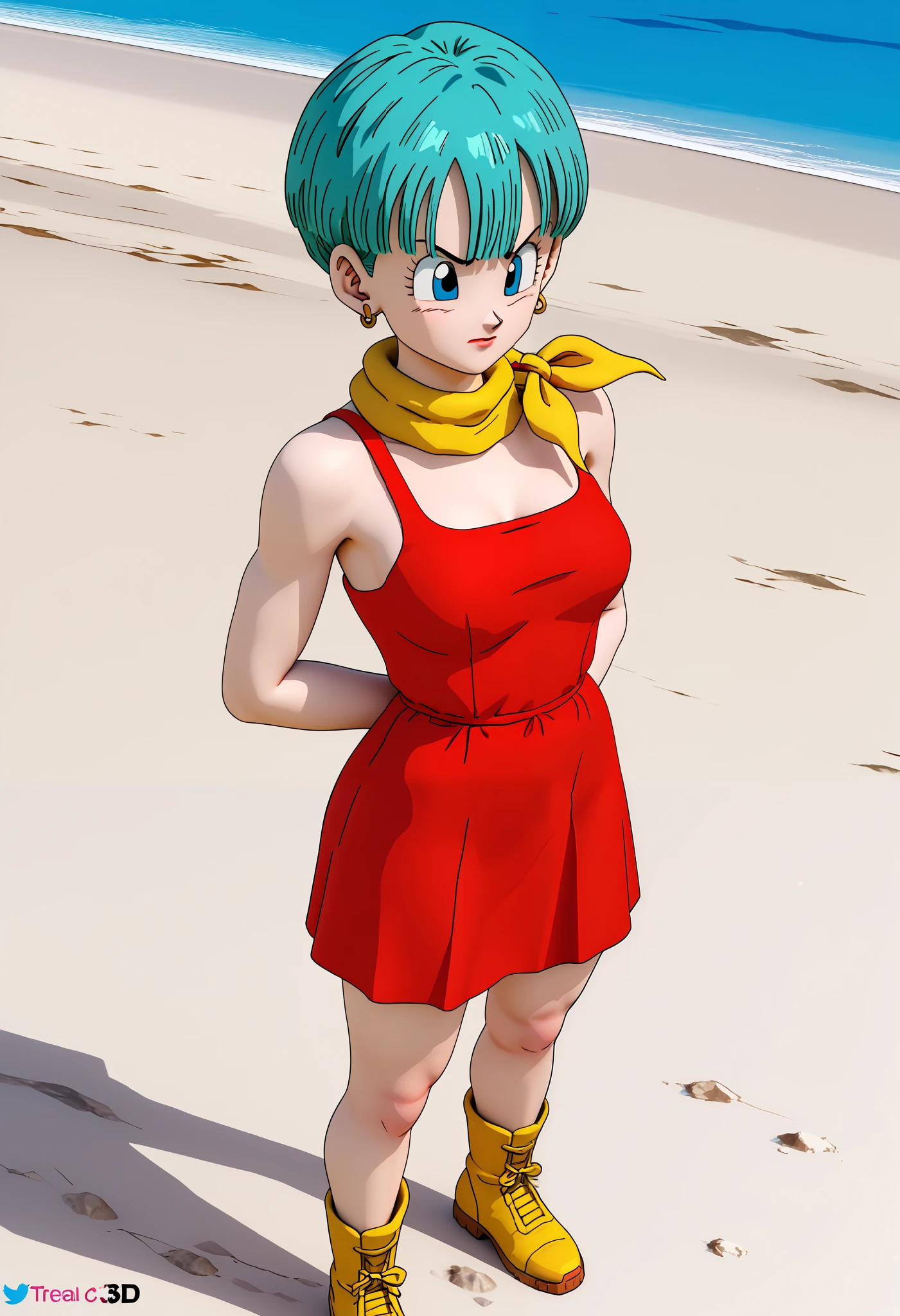 bulma, aqua blue hair, blue eyes, yellow scarf wrapped around neck,  red dress , yellow boots, trailers.Bulma brieff Solo, short white hair blue, blue hair, red bikini, 3D, lend, 3Dlend,lend 3D, until it is, Big boobs, 3D lend.until it is, Big boobs