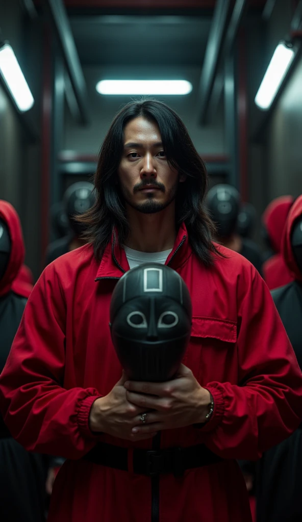 A cinematic close-up of a man dressed as a high-ranking guard from Squid Game, wearing the iconic red jumpsuit unzipped slightly at the top with hood. In one hand, he holds the black mask featuring a white square symbol, revealing his face, which closely resembles actor Keanu Reeves. His expression is calm yet intense, with his signature long dark hair falling loosely around his face and a light stubble accentuating his features. The background is dimly lit, with a cold, industrial vibe—metal walls, pipes, and faint red light casting eerie shadows. The mask in his hand catches a faint glimmer, emphasizing its geometric design and the ominous role it represents. Dust particles float in the air, adding depth and atmosphere to the dramatic scene