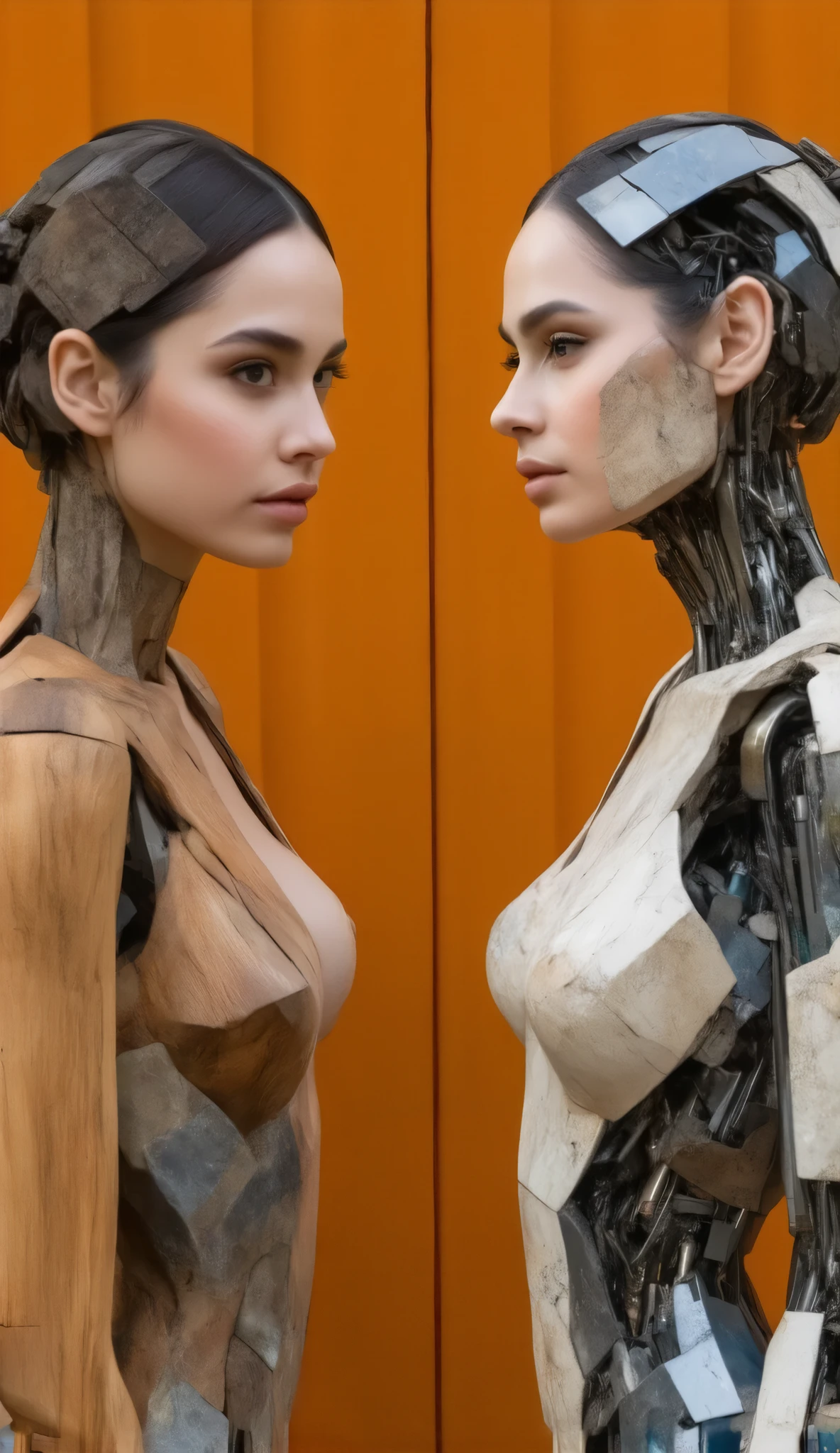 Digital art work depicting a woman's upper body composed of wooden parts,  digital art work depicting a full-body image of a woman composed of metal and plastic parts in a style that expresses depth of field , gray and orange ,  tilt-shift lens , Cubist composition , Calm face,profile、ceramic, uhd images