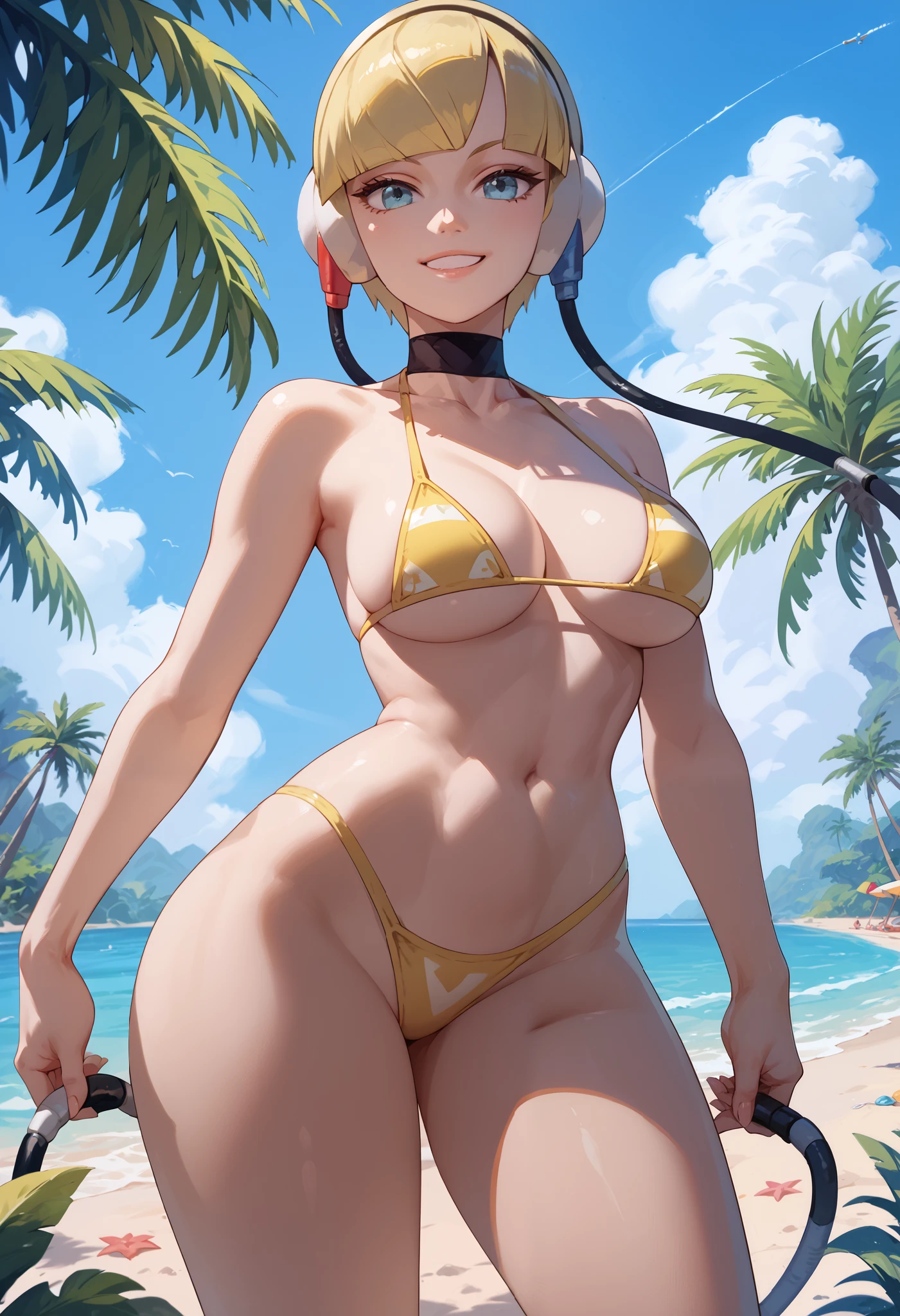1girl, large breasts, small waist, small hips, thin thighs, bw1ele, blonde hair, short hair, headphones, cable, choker, bare shoulders, cleavage, outdoors, tropical beach, sunny, yellow micro bikini, skinny, navel, smile