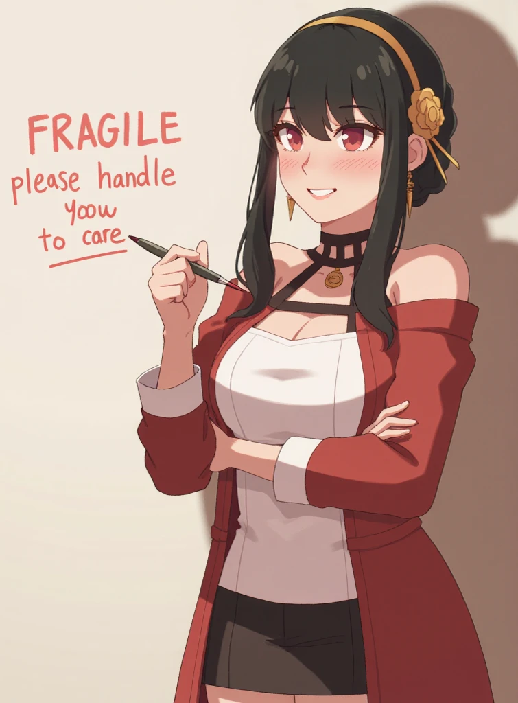 character art of yor writing "fragile please handle with care, yor forger, yor briar woman, yor spy x family, yor smiling holding marker writing on wall, yor forger black hair,yor writing on wall blushing, facial expressions, loish art style, loish art, yor sxf