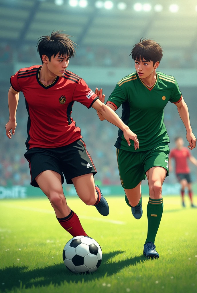 a anime football player from a red and black team makes a small bridge to a player from a green and red team with oil effect
