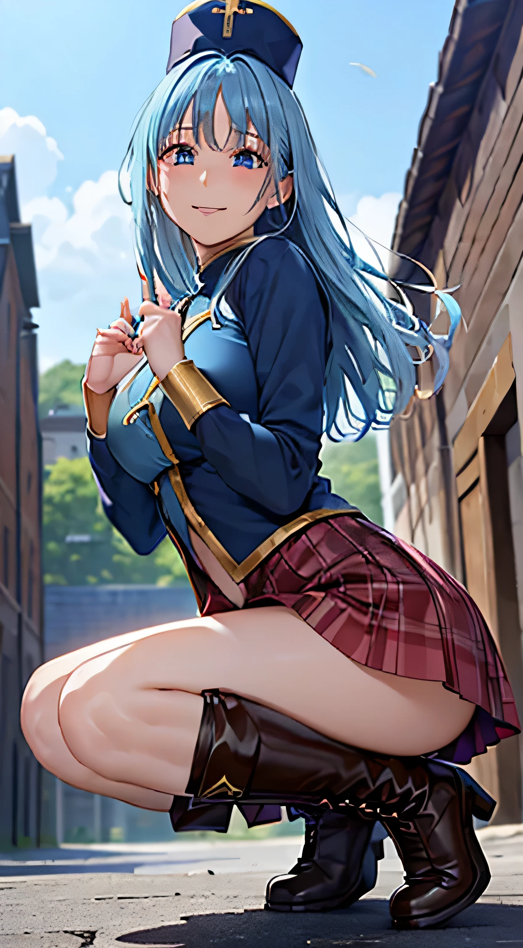((masterpiece, top quality , High Definition , , perfect pixels , 4K, ))), 1 Woman , 、 I can see my whole body 、 ((( light blue straight hair ))),( bangs, ), (( beautiful eyes, beautiful eyelashes, Real Eyes )), (( detail face , )), (( Smooth Texture :0.75, realistic texture :0.65, photorealistic:1.1, anime CG style)), upturned chest, dynamic angles that can't go against pleasure, perfect body, ((priest costume、( gorgeous blue 、 blue long tabert )、 bracelet 、 Blue priest hat 、、 brown leather boots 、 Ring of Gold ))、Castle Town Gate 、、、 gravure idol style pose、 very embarrassed expression、A cute smile that turned bright red 、 、 the wind is blowing 、 ((( A cute smile whose skirt was lifted up by the wind )))、(、 、、 pink and black lace panties 、)、Put your hands on your knees and lean forward