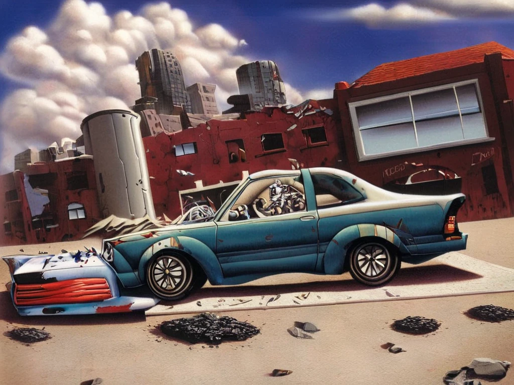 The image shows a vibrant junkyard environment under a cloudy, gray sky. The setting is cluttered with towering stacks of crushed cars, rusted metal scraps, and scattered debris. In the center of the scene is a bright red, 1930s-style art deco speed car in the process of being crushed by a massive hydraulic crusher.

The car’s design is sleek and stylish, with curved fenders, chrome detailing, and lightning bolt decals along the sides. Its anthropomorphic features are exaggerated, with large, expressive headlights doubling as eyes. One headlight is wide open in panic, while the other is squeezed shut, resembling a wince. The car’s grille forms a mouth twisted into a terrified scream, with jagged "teeth" made of chrome bars.

The hydraulic crusher looms above the car, with its metal jaws already pressing down. The roof of the car is visibly crumpled, with cracks forming in its glossy red paint. Sparks and debris are flying from the point of impact, and the car’s tires are spinning frantically, spraying dust and dirt into the air.

In the foreground, a pool of black oil drips from the crushed portion of the car, glistening on the metal platform beneath it. Nearby, a stack of other crushed cars is visible, their mangled forms painted in dull, peeling colors. Some of these cars have anthropomorphic features too, their eyes and mouths frozen in comedic expressions of shock or resignation.

The background is filled with more piles of junk, including rusted hubcaps, broken engines, and twisted sheets of metal. A faded billboard on a distant fence reads "Junkyard Paradise," adding a touch of irony to the scene.

The overall composition is dramatic and dynamic, with a mix of dark humor and vibrant cartoonish energy. The image captures the chaotic moment of destruction while highlighting the absurdity of the anthropomorphic car’s plight.

