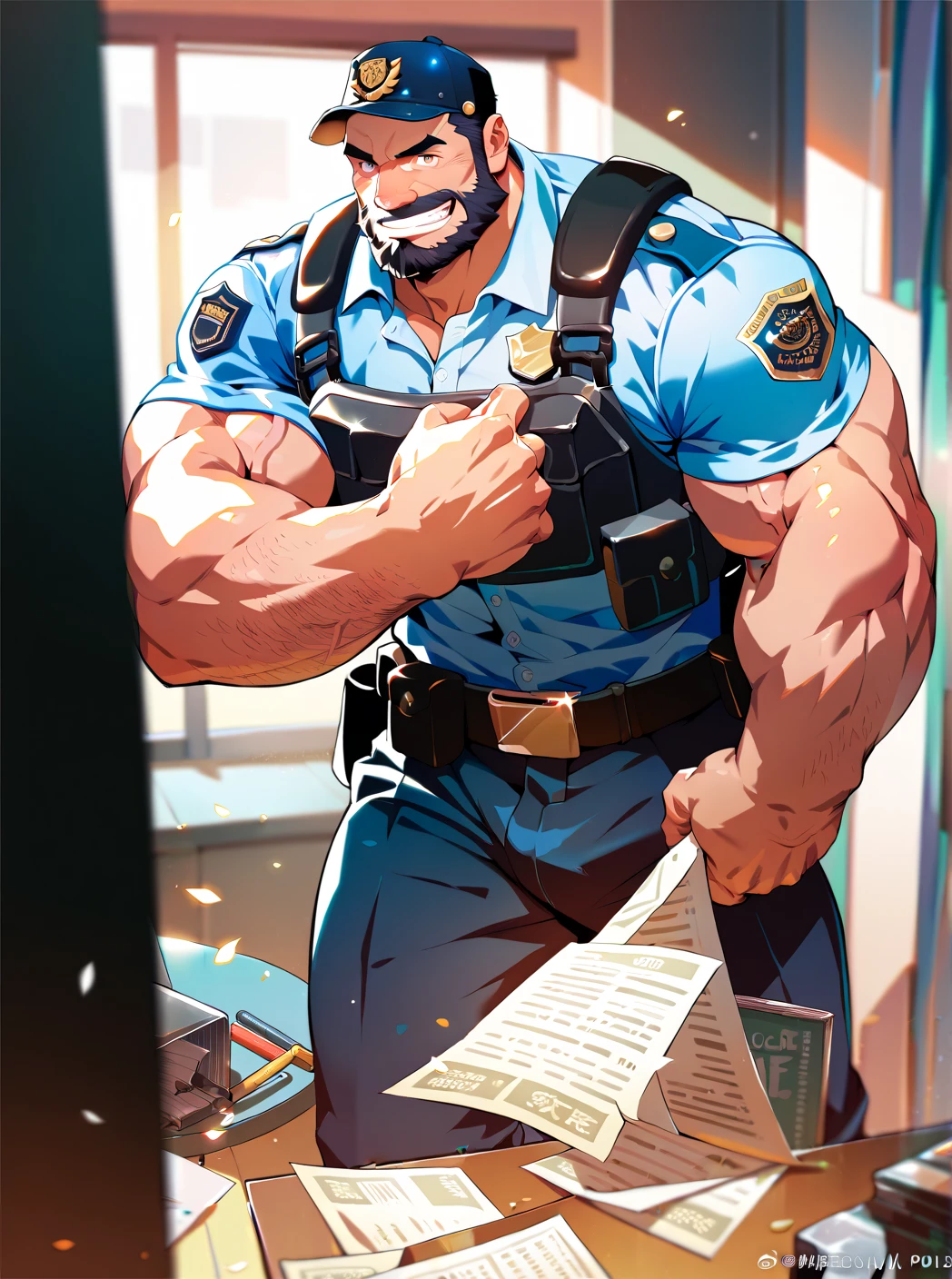 2 Police   ,man, Muscular,  beard and short hair  ,  big penis,  A room in the back  .   just wearing a shirt,not, a big smile on the face ,