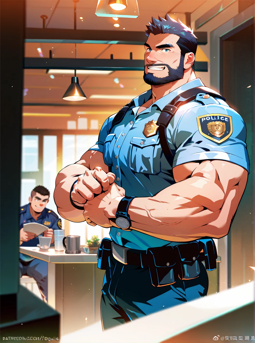 2 Police   ,man, Muscular,  beard and short hair  ,  big penis,  A room in the back  .   just wearing a shirt,not, a big smile on the face ,