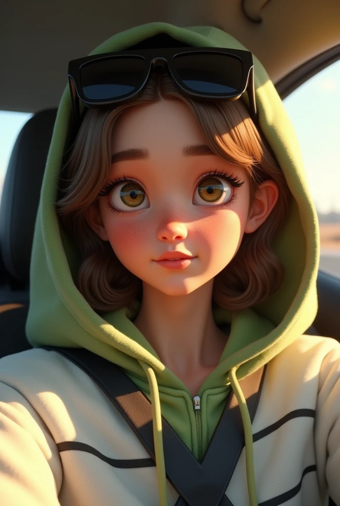 1. character!: The 25-year-old girl can be represented with typical characteristics of Disney characters : big eyes, expressive, He is not smiling he has a tender but serious look He could have a youthful and modern style , while maintaining its naturalness and freshness .
2. Clothing style : The hoodie put on his head you can't see his hair is olive green , on a white jacket with horizontal black stripes is oversized that is very cushioned for the
Cold is very common in Disney to convey comfort and casual style. The details on the jacket are thick and have a lot of padding
3 . Posture and composition : The selfie from the bottom up very close to the face would be more dynamic and energetic in the Disney style , being it would be tenderly You could add some small details , such as a slight inclination of the camera , The car is parked
4 . Around: Since she is in the co-pilot of a Chevy , the interior of the car can be somewhat minimalist and stylized , with simple lines and some bright or soft touches on the details . You could add elements such as the board in a subtle way so that it doesn't compete with the main character . Besides, sunlight filtering through the window can create warm flashes , very Disney style .
5. accessories: The rectangular sunglasses in black size are already placed in his eyes like the accessories of Disney characters
6 . color: The colors in the palette would be bright and saturated , x} with a focus on warm and soft tones ( such as olive green and pistachio ) and crisp details in black and white . Besides, the warm light reflected on her face would be crucial , to make everything look radiant and positive , as if you were on a joyful adventure .
With these elements , you could recreate the scene in a way that combines the reality of the photo with the charm and warmth of a visual style very typical of Disney .