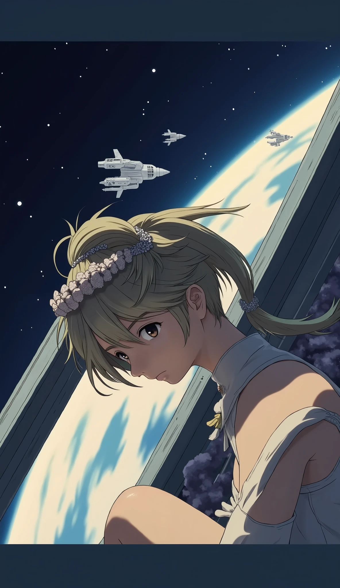 (Japanese anime style, Ghibli style,:1.4), 8k resolution, masterpiece, top quality, Award-winning works, Space Colony,  outer space , spaceship, A Mysterious Girl (gazing blankly out the window), (a space colony floating in space)