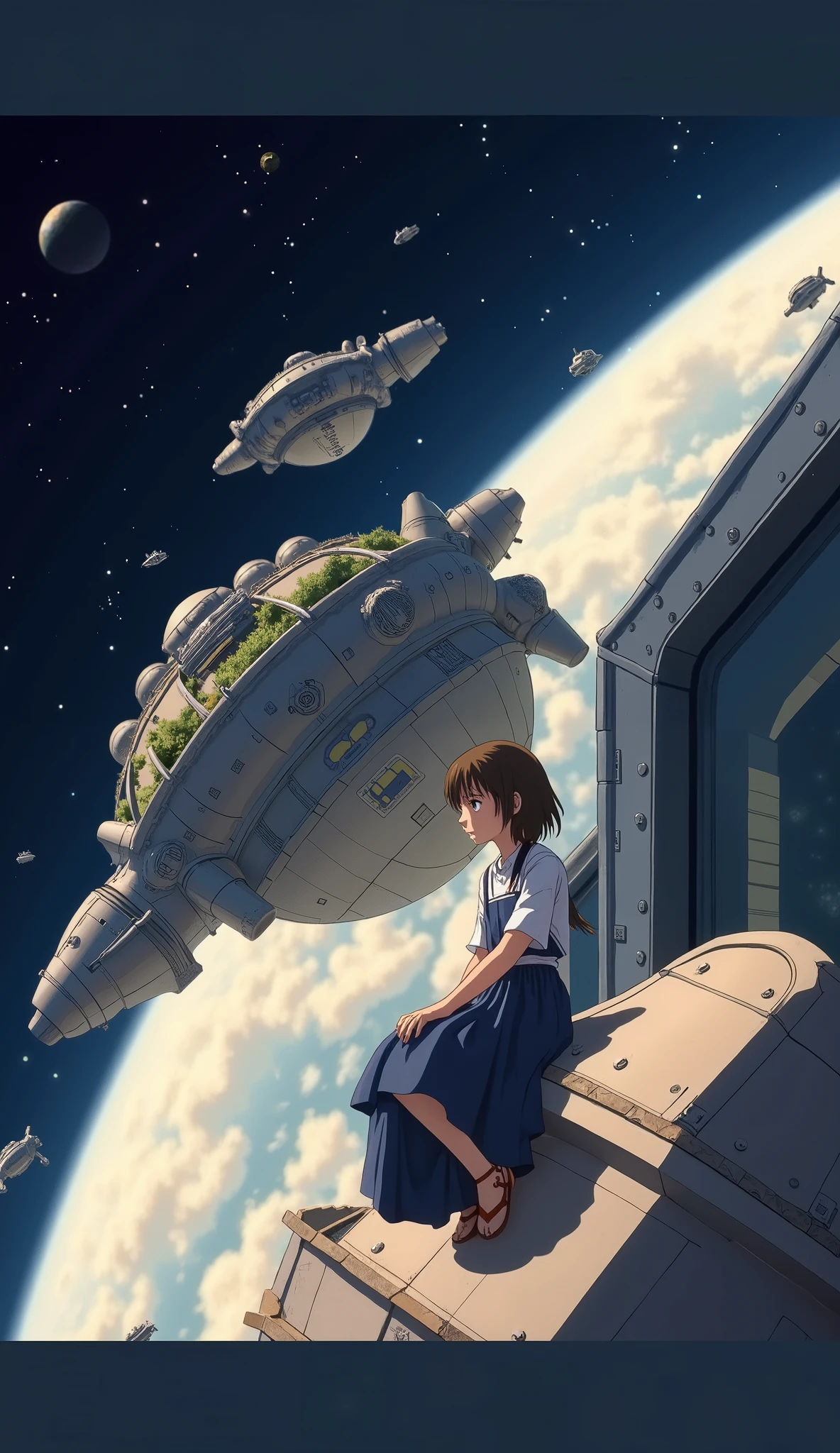 (Japanese anime style, Ghibli style,:1.4), 8k resolution, masterpiece, top quality, Award-winning works, Space Colony,  outer space , spaceship, A Mysterious Girl (gazing blankly out the window), (a space colony floating in space)