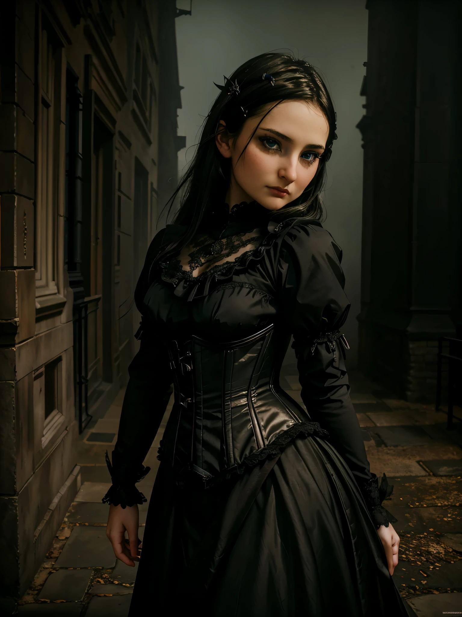 a gothic 18-year-old girl posing in front of an old Victorian castle, corset, strap holders, straps, dark fantasy style, beautiful detailed eyes, beautiful detailed lips, extremely detailed eyes and face, long eyelashes, dramatic lighting, moody atmosphere, cinematic composition, highly detailed, 8k, photorealistic, professional photography, dramatic shadows, chiaroscuro lighting, dark color palette, dramatic fog or mist, dramatic camera angle, parisdiam0nd