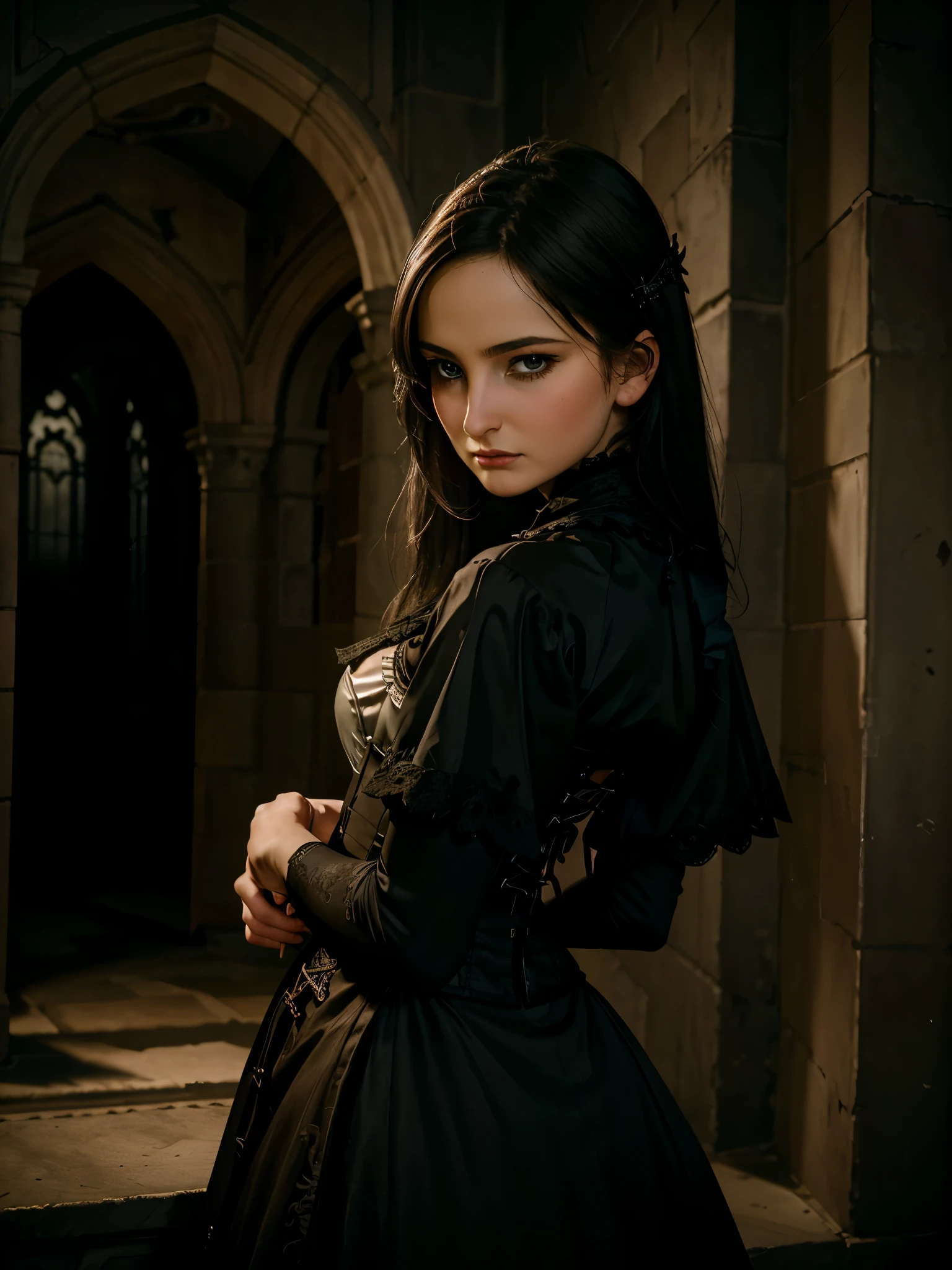 a gothic 18-year-old girl posing in front of an old Victorian castle, corset, strap holders, straps, dark fantasy style, beautiful detailed eyes, beautiful detailed lips, extremely detailed eyes and face, long eyelashes, dramatic lighting, moody atmosphere, cinematic composition, highly detailed, 8k, photorealistic, professional photography, dramatic shadows, chiaroscuro lighting, dark color palette, dramatic fog or mist, dramatic camera angle, parisdiam0nd