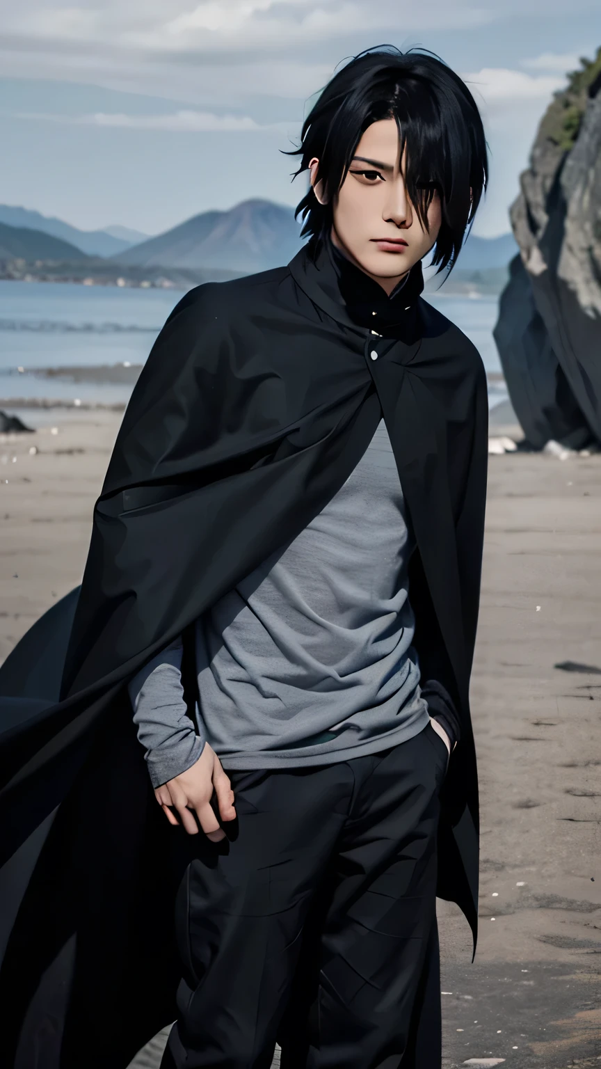 Sasuke uchiha, 1boy, solo, real life, black hair his covering one eye, grey shirt long sleeve, black cloak, black long pant, outdoors, rocks backgorund, looking at viewers