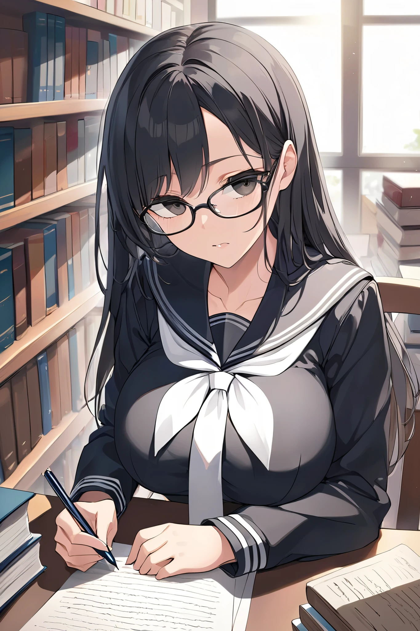 Wears glasses, elementary school student, black hair, black eyes, round, wears , is tall, is in the library, looks kind, has very large breasts, has long hair that reaches her waist, is reading a book, He has black hair but has a slight brownish tint, red headband, wears a black uniform, black skirt, white shirt, red tie, and black jacket., 