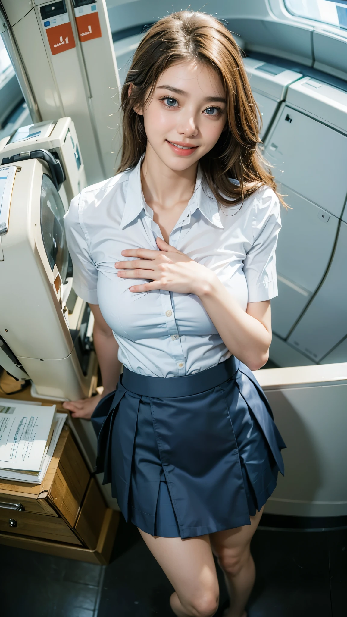 ​highest quality、8k、best image quality、Award-winning work), two beautiful women、1 women, radiant beautiful skin , masterpiece、top-quality、The ultra -The high-definition、depth of fields、lens flare 、brown hair, watching at viewers glares, large breasts , cabin crew uniform, short   skirt, (black high heels), perfect legs, model pose, view from below, smiling , flight cabin, pantyhose 
