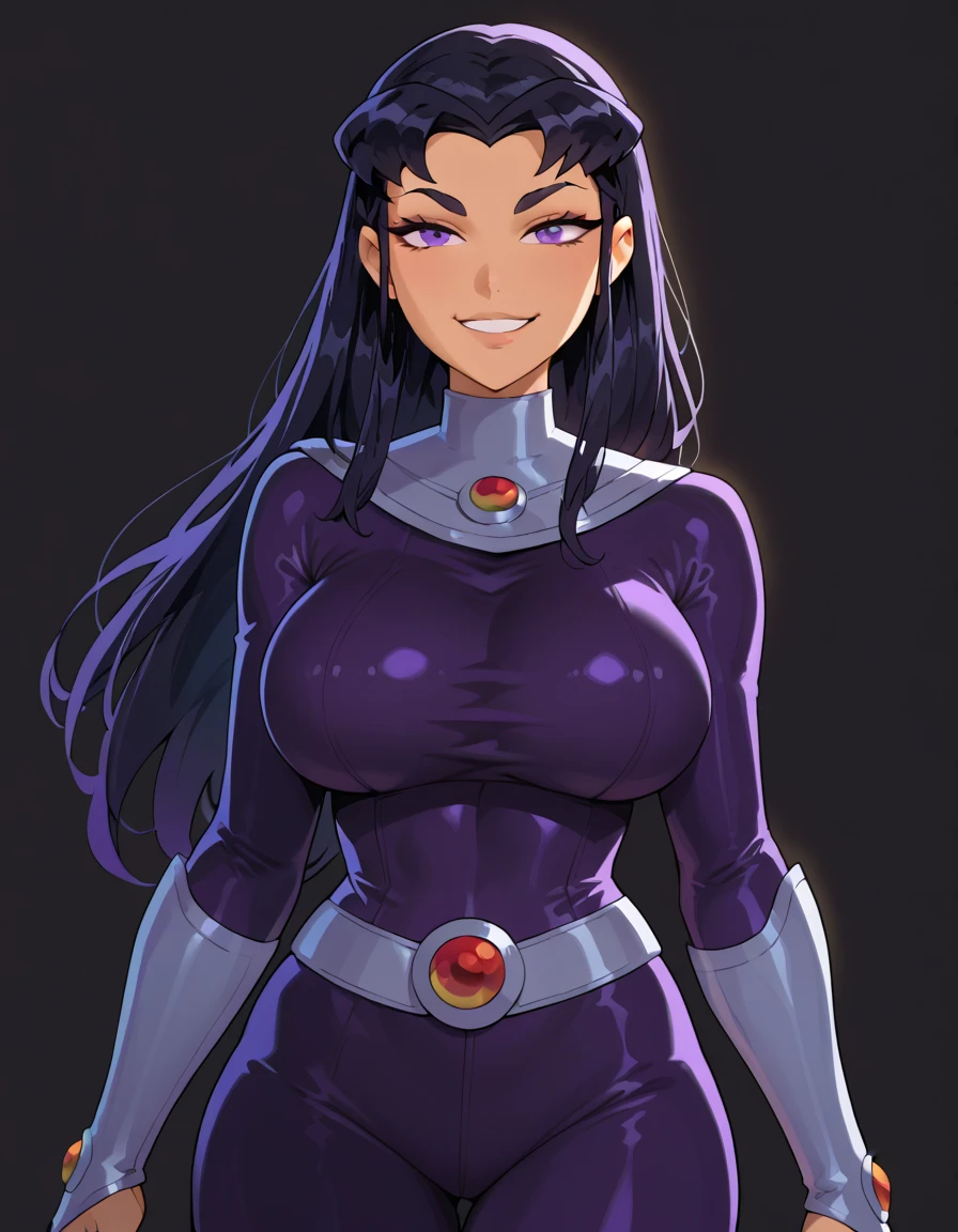 BlackFire (Teen Titans), 1girl, solo, long hair,purple eyes, black hair, bodysuit, (huge juicy breasts:1.2),belt,simple background,looking at viewer, cowboy shot,evil smile,Whole body, 