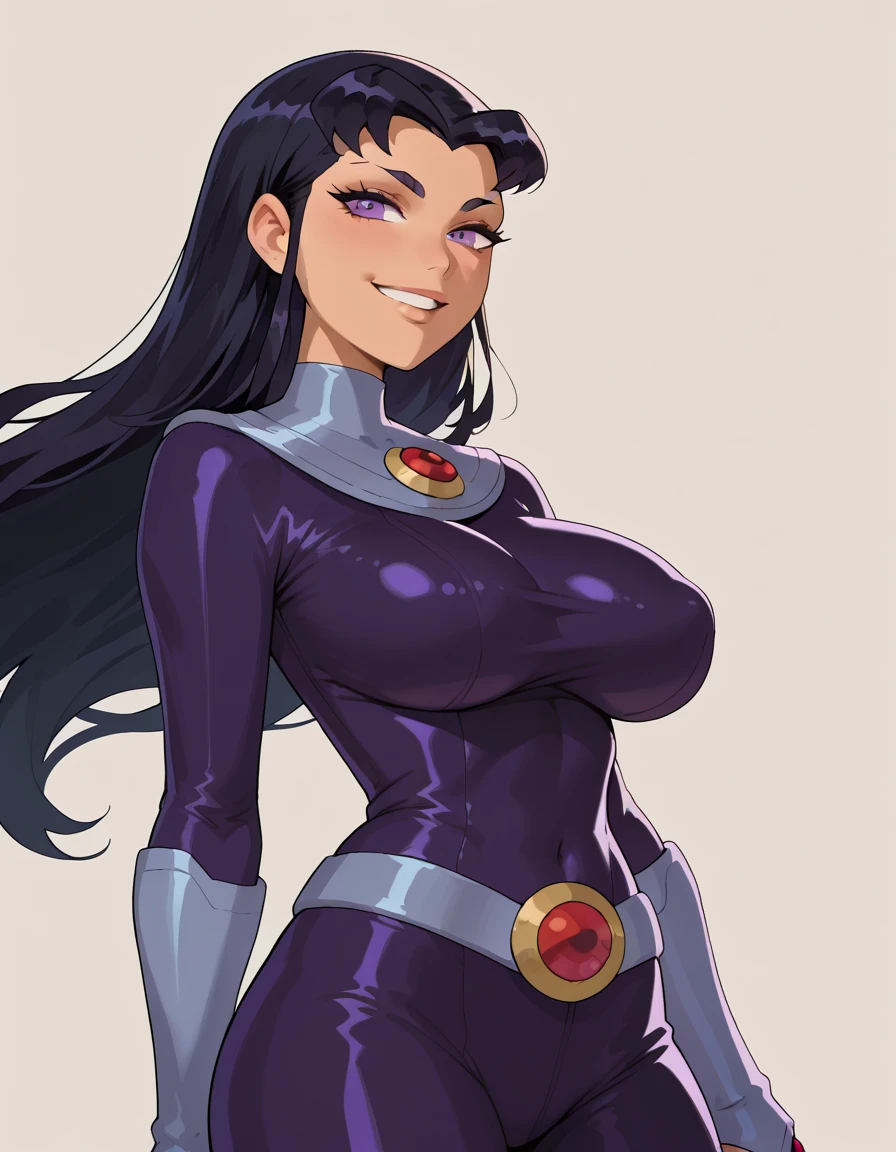 BlackFire (Teen Titans), 1girl, solo, long hair,purple eyes, black hair, bodysuit, (huge juicy breasts:1.2),belt,simple background,looking at viewer, cowboy shot,evil smile,Whole body, 