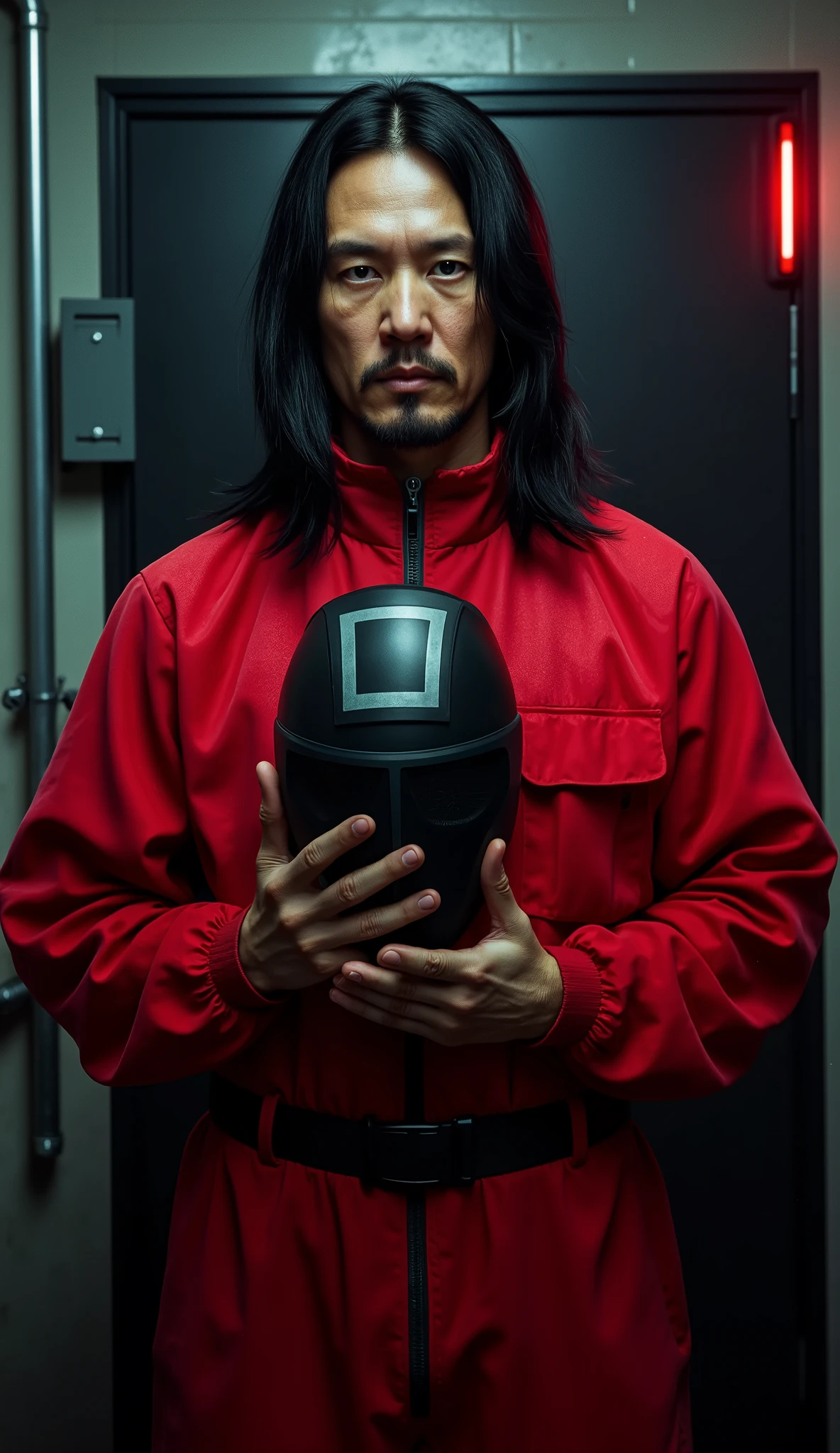 A cinematic close-up of a man dressed as a high-ranking guard from Squid Game, wearing the iconic red jumpsuit unzipped slightly at the top with hood. In one hand, he holds the black mask featuring a white square symbol, revealing his face, which closely resembles actor Keanu Reeves. His expression is calm yet intense, with his signature long dark hair falling loosely around his face and a light stubble accentuating his features. The background is dimly lit, with a cold, industrial vibe—metal walls, pipes, and faint red light casting eerie shadows. The mask in his hand catches a faint glimmer, emphasizing its geometric design and the ominous role it represents. Dust particles float in the air, adding depth and atmosphere to the dramatic scene