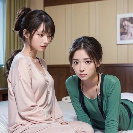 ((highest quality, masterpiece :1.3)), Photorealistic、Ultra-high resolution、Natural skin texture、Hyperrealism、Reflection from the waist up、Beautiful Japanese girl in her early teens、One girl、Larger breasts、Pink nurse uniform、Lying in bed、Frightened expression、Tears flowing