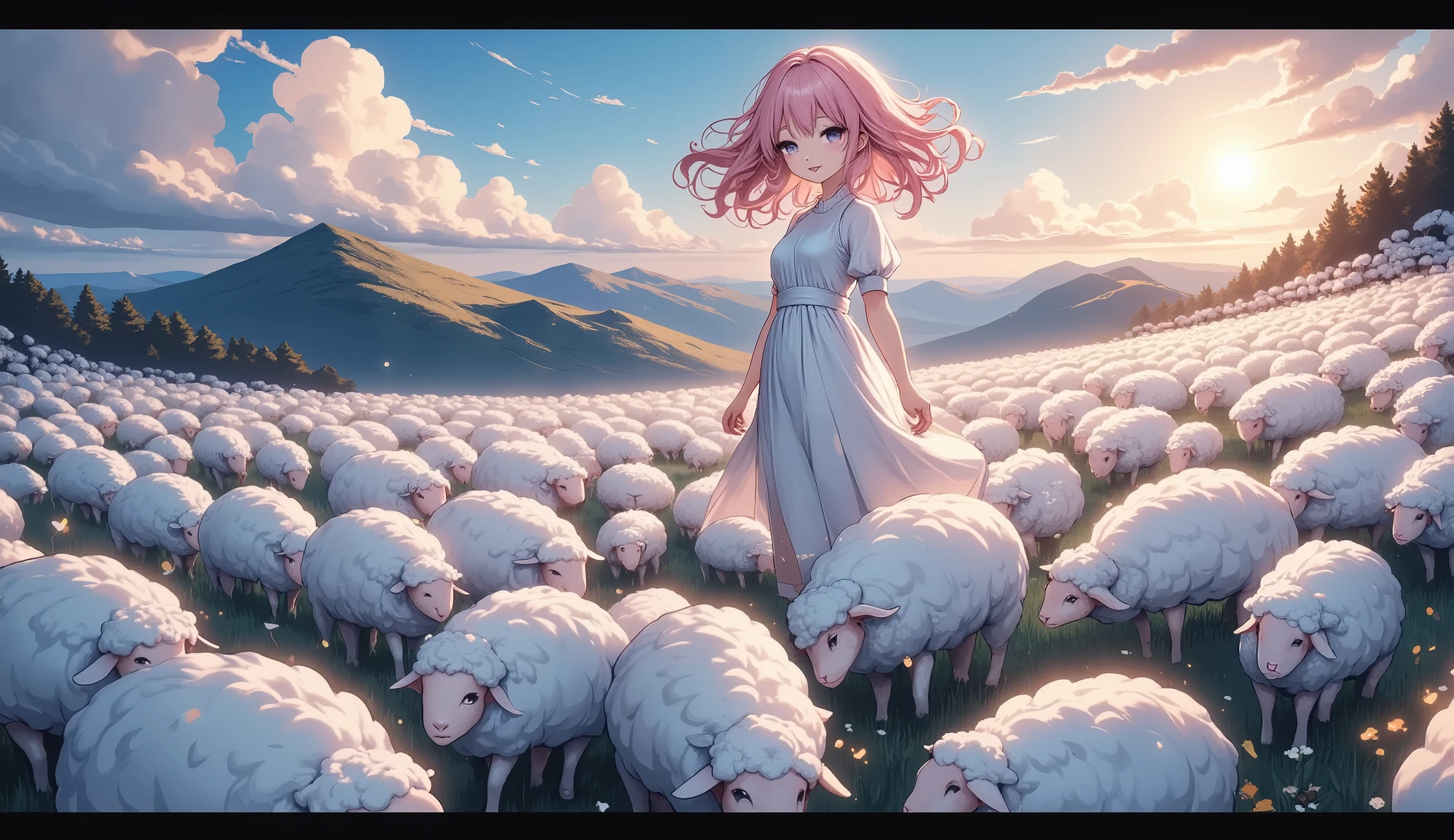 A new style like no other ,  draw with a glowing watercolor brush,  sheep counted in dreams , shepherd girl, Alone, with 50,000 sheep ,  digital mosaic using brilliance, glow line art