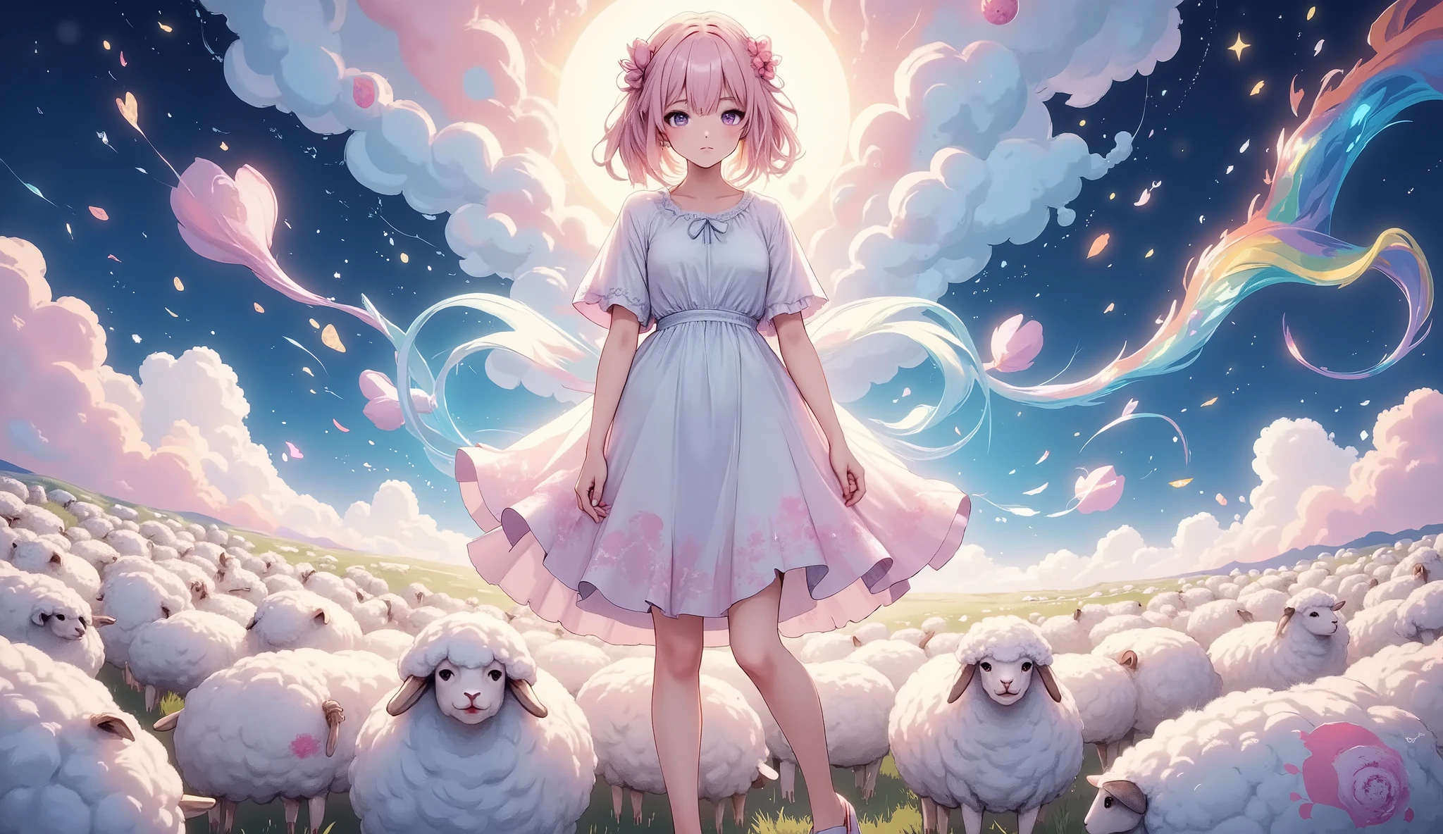 A new style like no other ,  draw with a glowing watercolor brush,  sheep counted in dreams , shepherd girl, Alone, with 50,000 sheep ,  digital mosaic using brilliance, glow line art