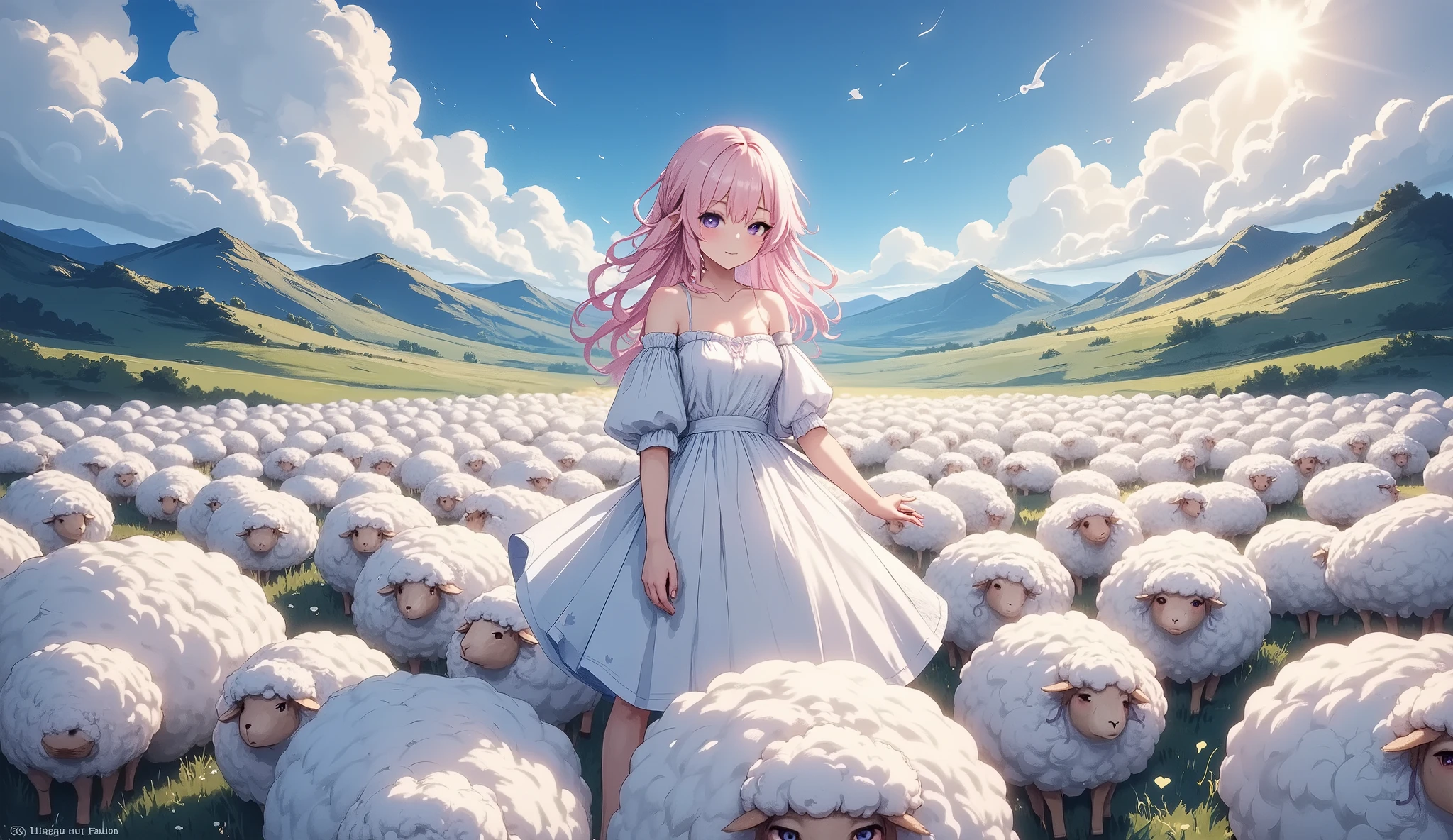 A new style like no other ,  draw with a glowing watercolor brush,  sheep counted in dreams , shepherd girl, Alone, with 50,000 sheep ,  digital mosaic using brilliance, glow line art