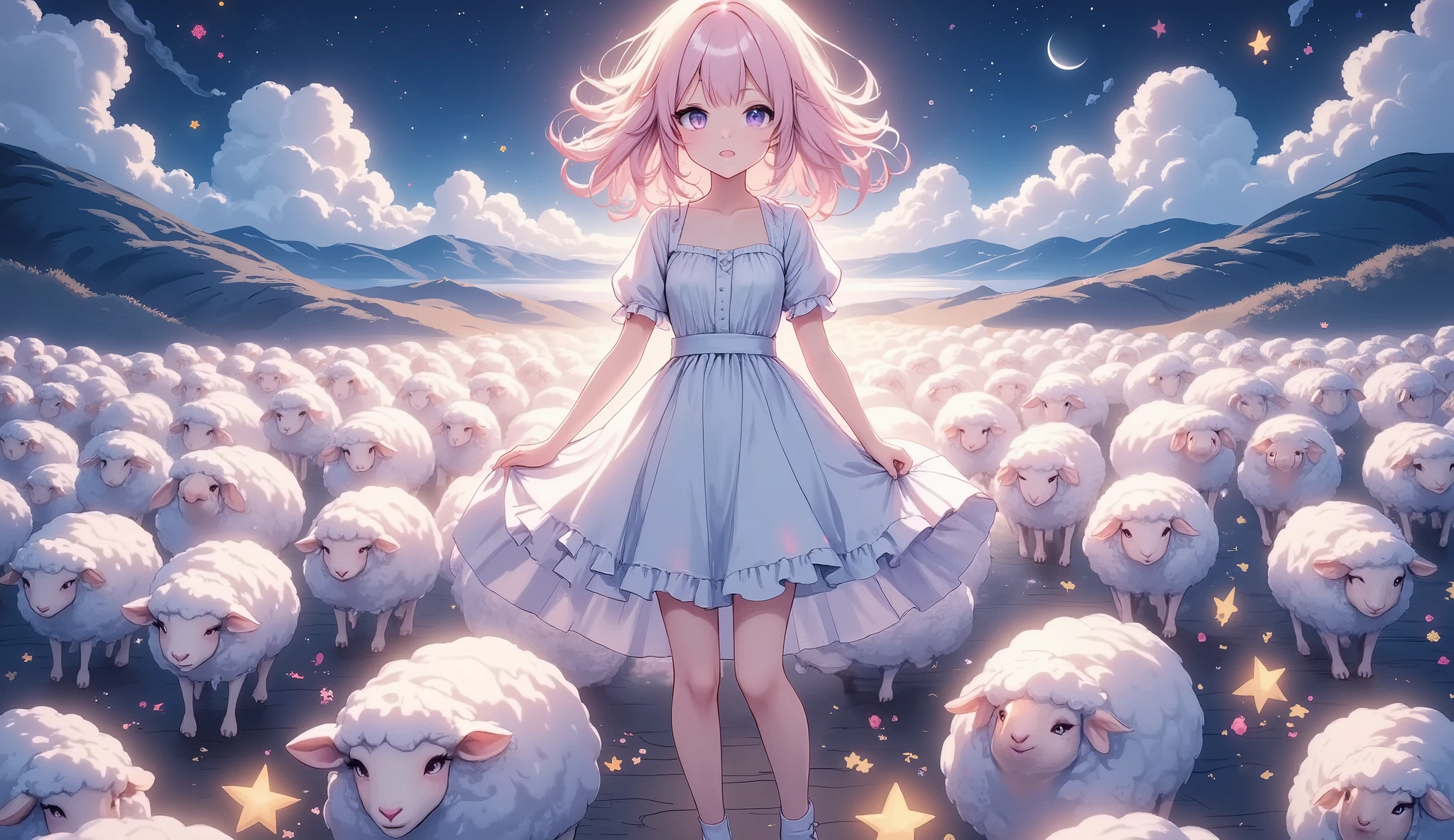 A new style like no other ,  draw with a glowing watercolor brush,  sheep counted in dreams , shepherd girl, Alone, with 50,000 sheep ,  digital mosaic using brilliance, glow line art