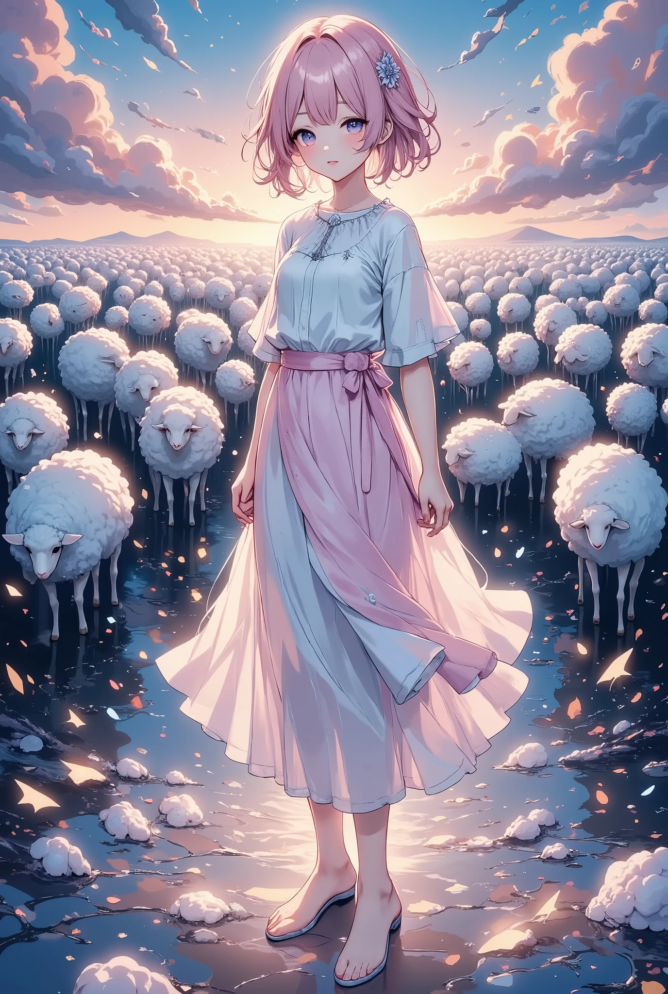 A new style like no other , ( draw with a glowing watercolor brush,  sheep counted in dreams , shepherd girl, Alone, with 50,000 sheep ,  digital mosaic using brilliance), glow line art,  sentence” 50k congratulations”