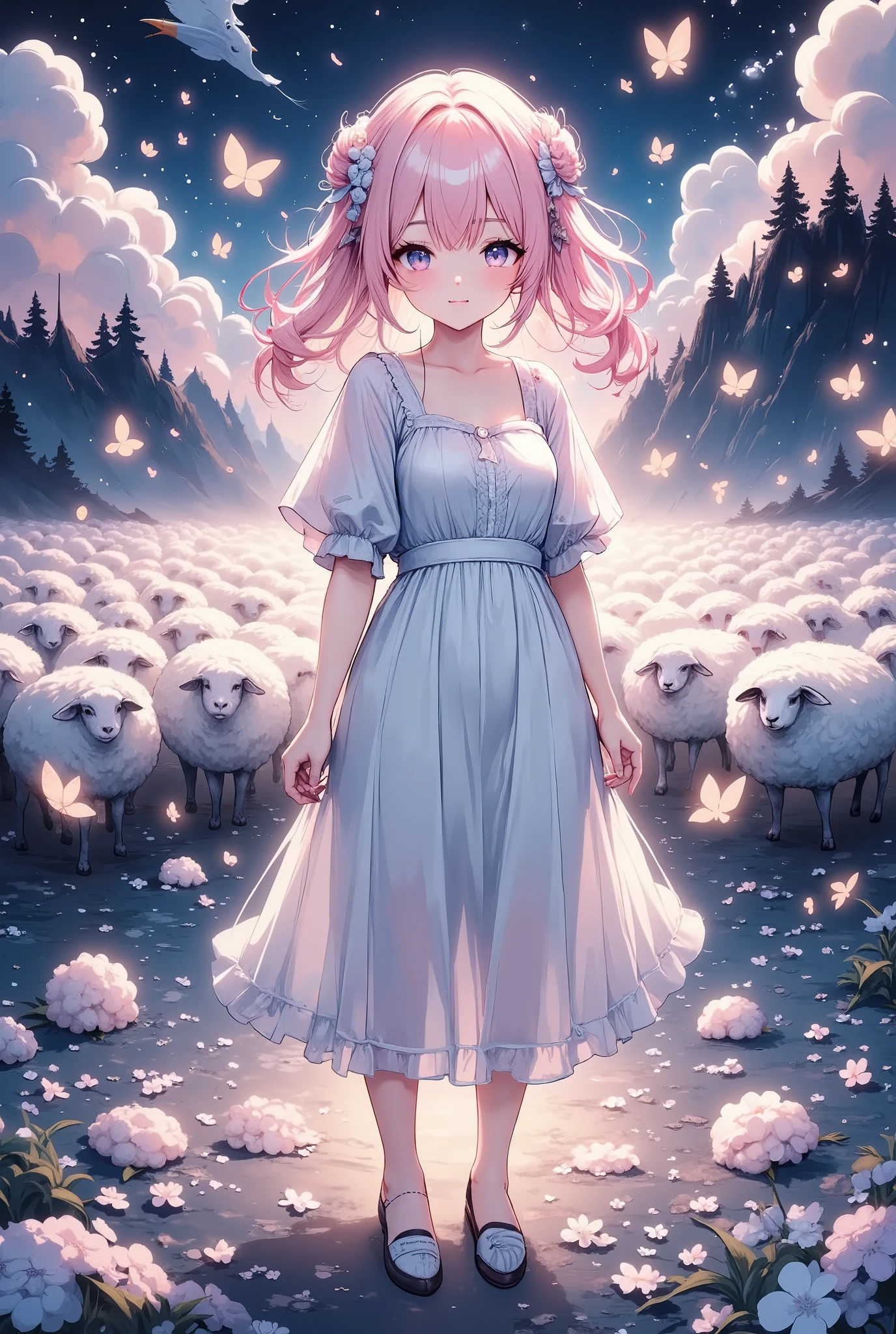 A new style like no other , ( draw with a glowing watercolor brush,  sheep counted in dreams , shepherd girl, Alone, with 50,000 sheep ,  digital mosaic using brilliance), glow line art,  sentence” 50k congratulations”