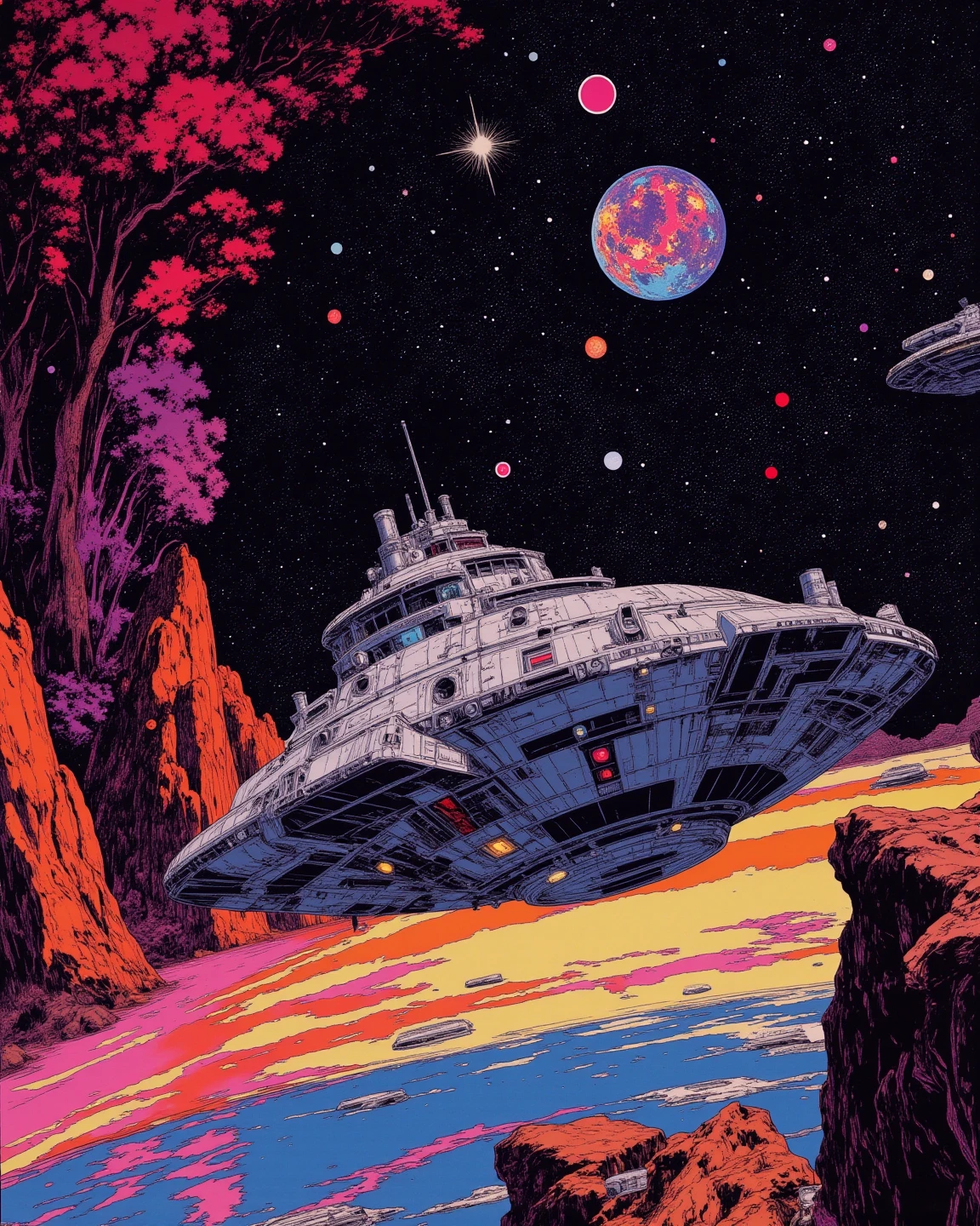 Space colony flying over a planet with universe in the background, 1980s retro sci - fi art, Fascinating colorful universe, Shining shooting star, 
in style by Josan Gonzales, Iridescent Ink Flow In universe, by Peter Elson, in peter elson color scheme, roger dean art, in style by tim white art.  
Comic book style, ff-fbs